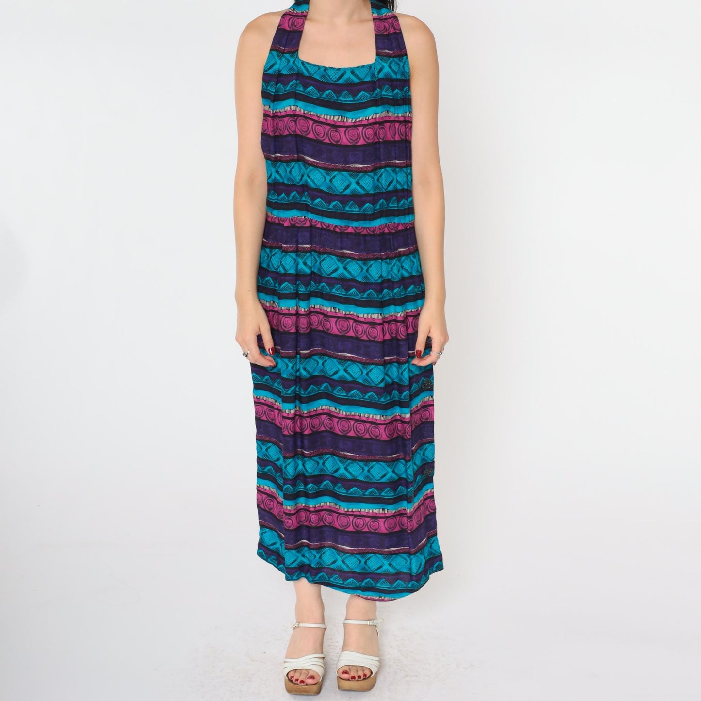 90s Geometric Midi Dress Racerback Sleeveless Blue Purple Pink Medium