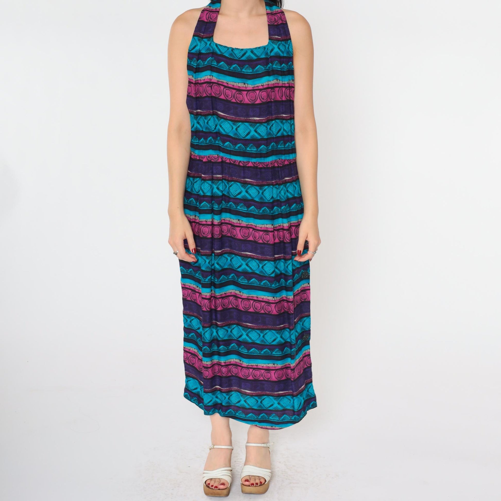 90s Geometric Midi Dress Racerback Sleeveless Blue Purple Pink Medium