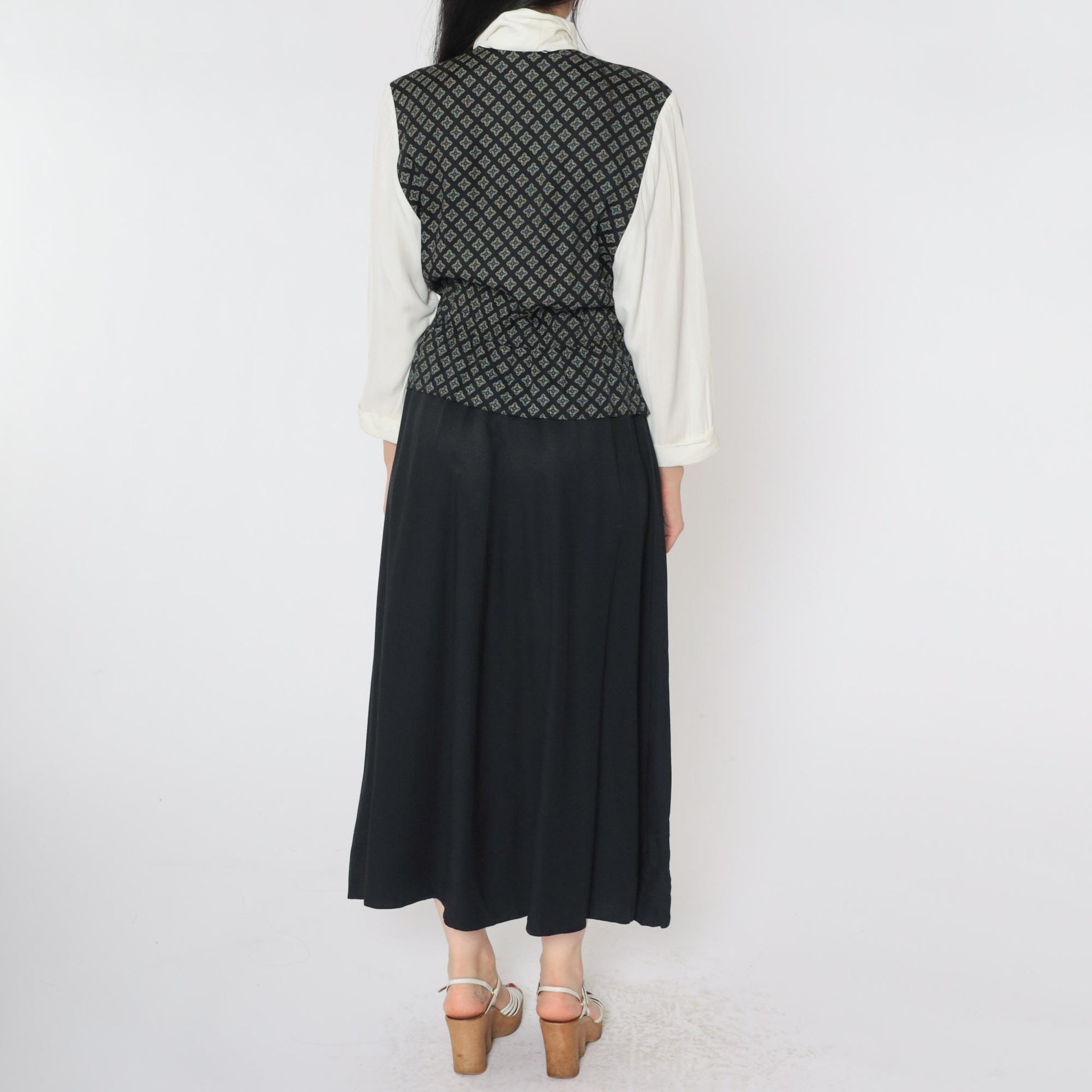 90s S.L. Fashions Maxi Dress Attached Geometric Vest White Black Button Front Small