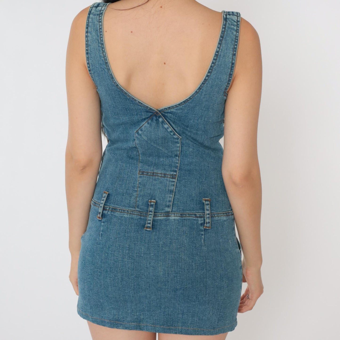 Y2K Hot Kiss Blue Denim Overall Mini Dress Bodycon Sleeveless Extra Small