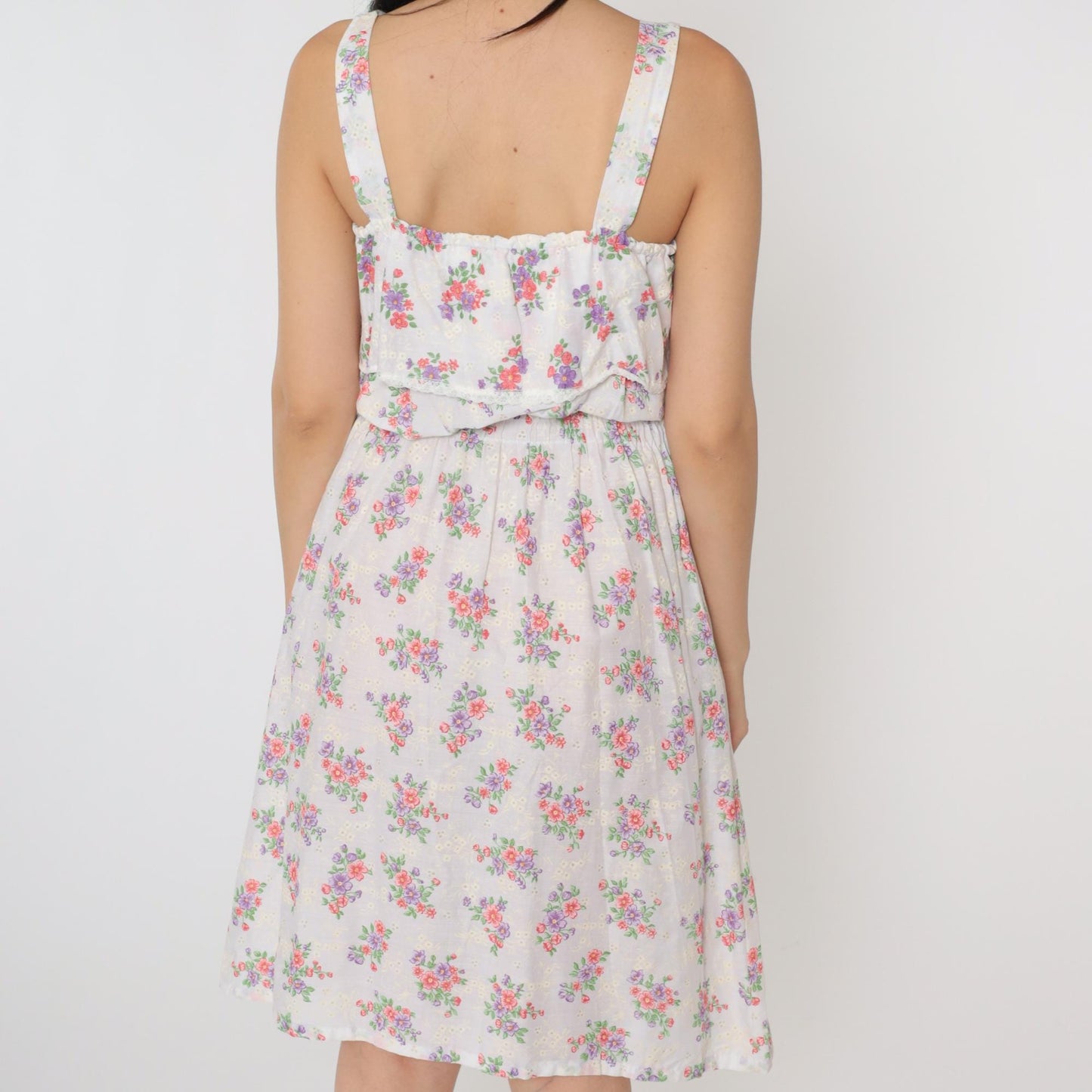 70s White Floral Midi Sun Dress High Elastic Waist Tank Straps Small Medium