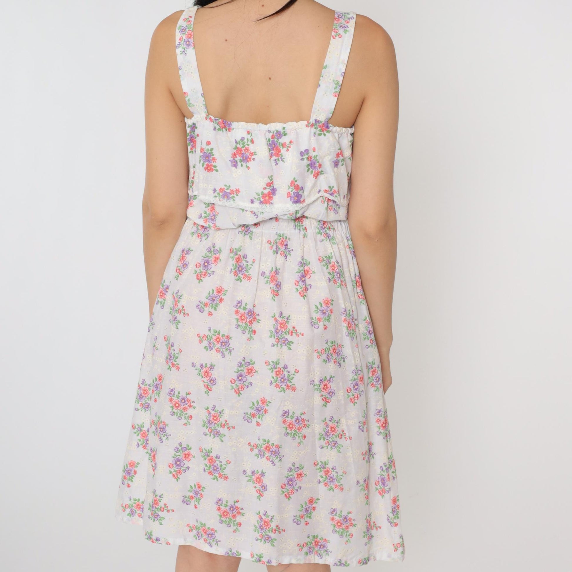 70s White Floral Midi Sun Dress High Elastic Waist Tank Straps Small Medium