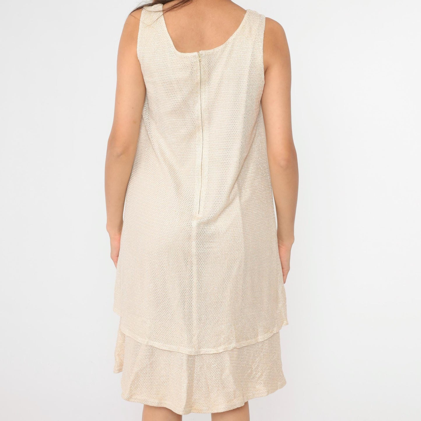 90s Onyx Nite Metallic Mesh Midi Dress Beige Sleeveless Tiered Large L