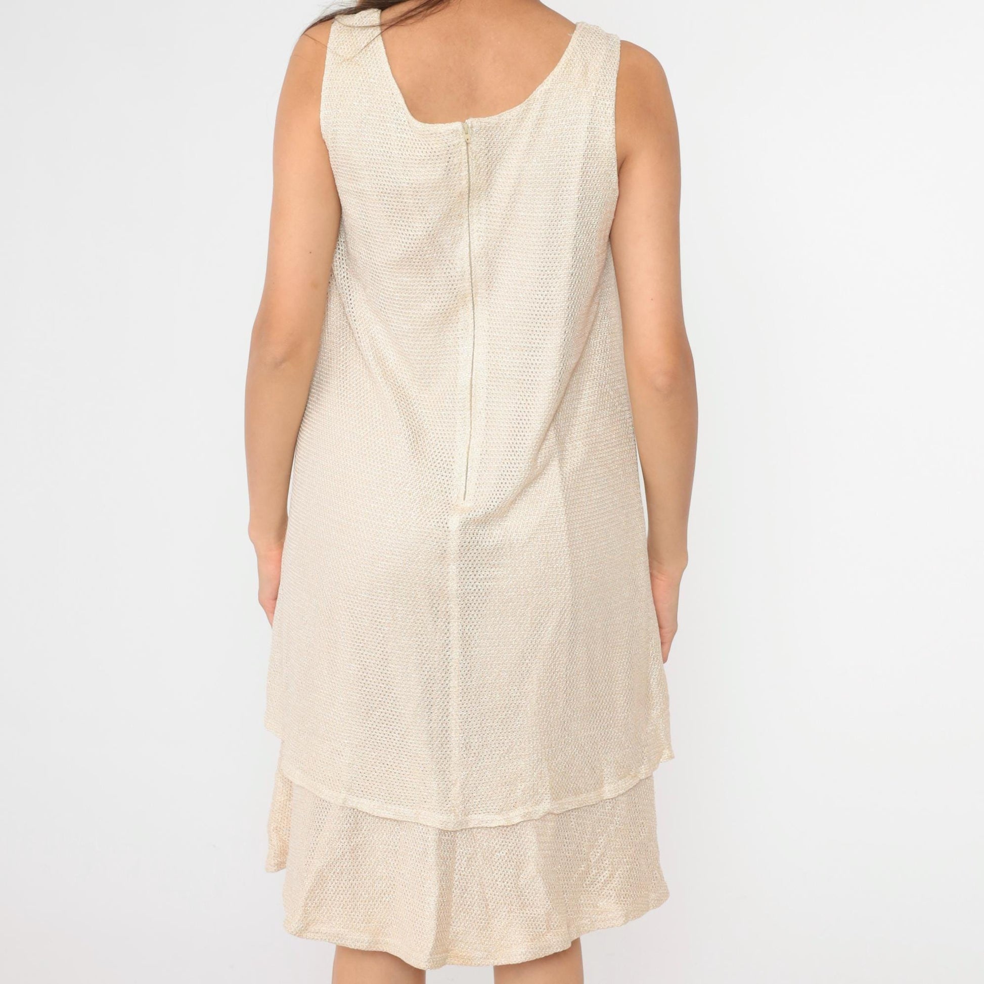 90s Onyx Nite Metallic Mesh Midi Dress Beige Sleeveless Tiered Large L