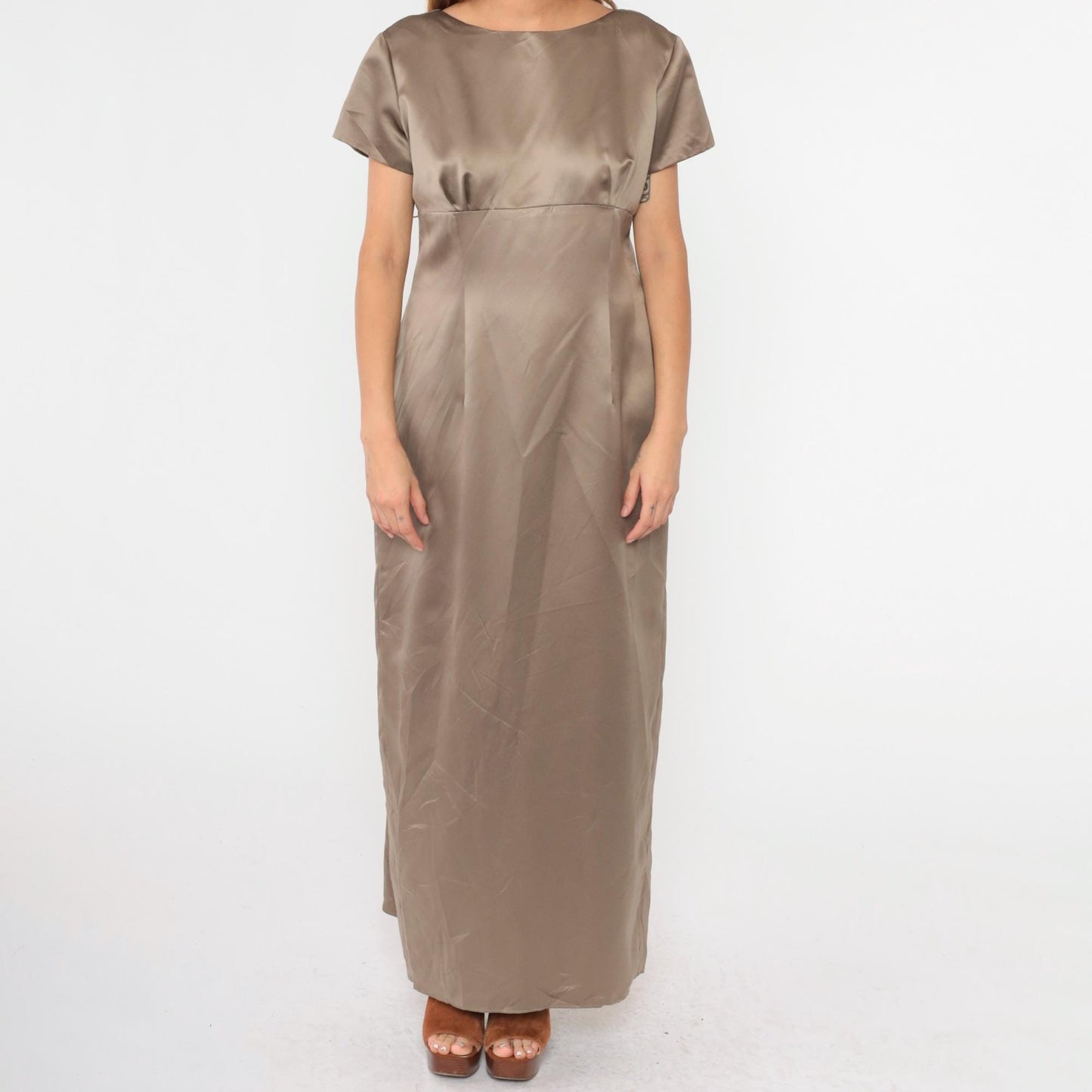 90s Bill Levkoff Satin Maxi Dress Mocha Brown Empire Waist Bow Back Small