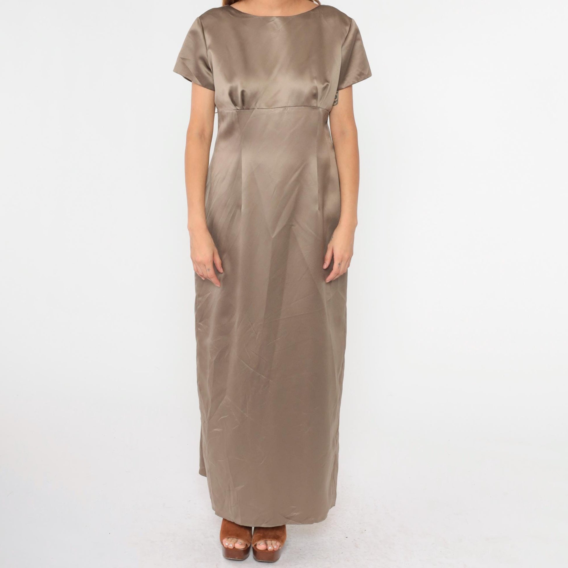 90s Bill Levkoff Satin Maxi Dress Mocha Brown Empire Waist Bow Back Small