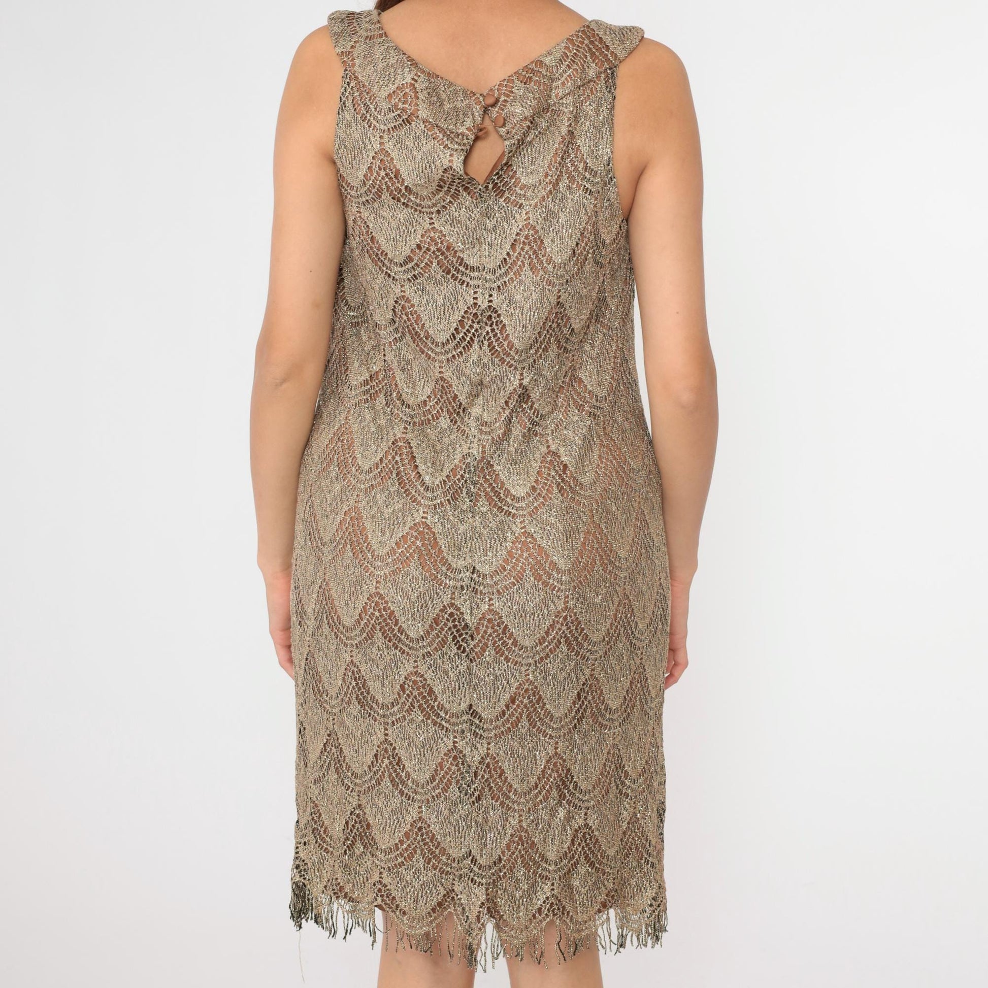 90s S.L. Fashions Metallic Lace Mini Dress Gold Fringe Sleeveless Shift Extra Large XXL