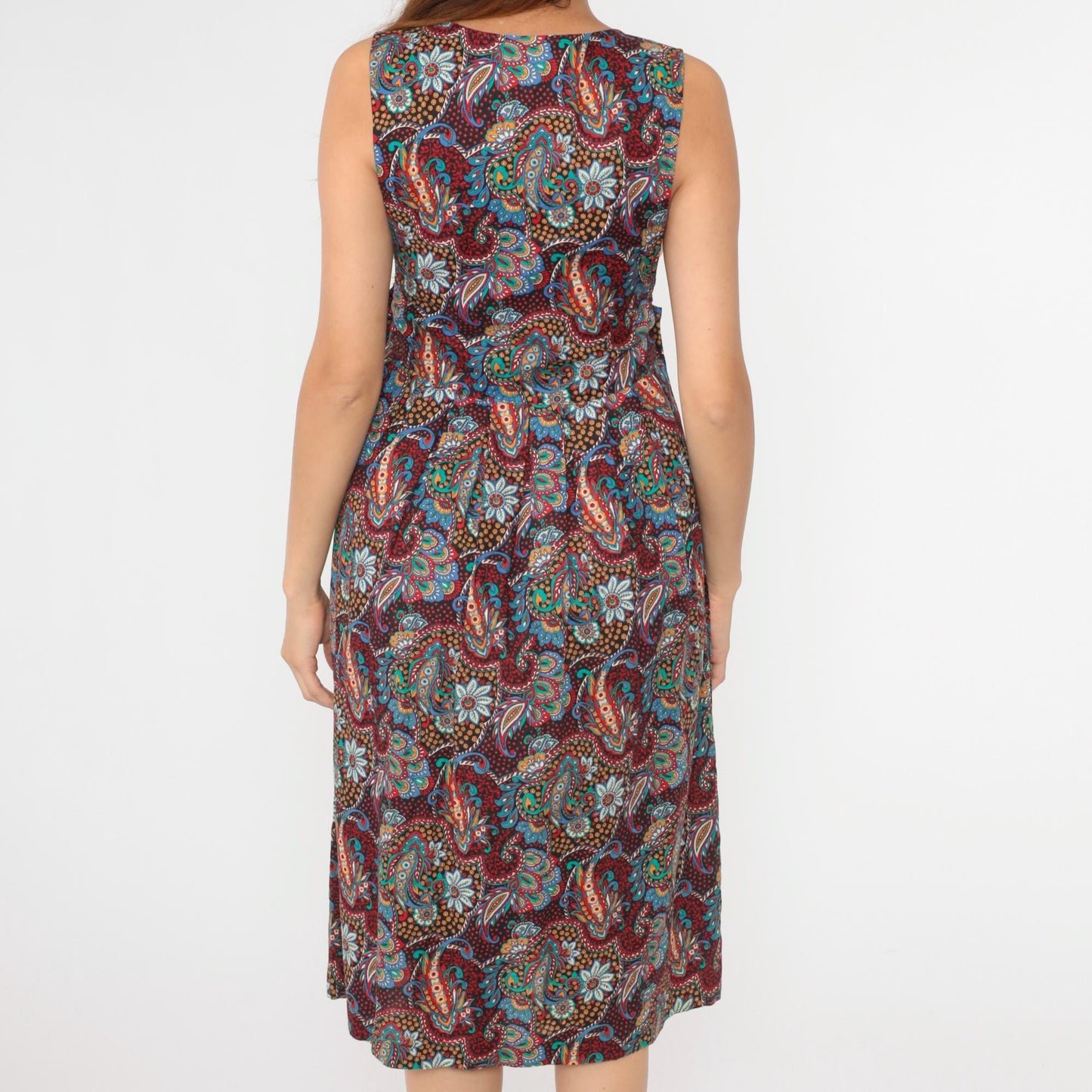80s Paisley Cotton Midi Pinafore Dress Deep V Neck High Waist Small