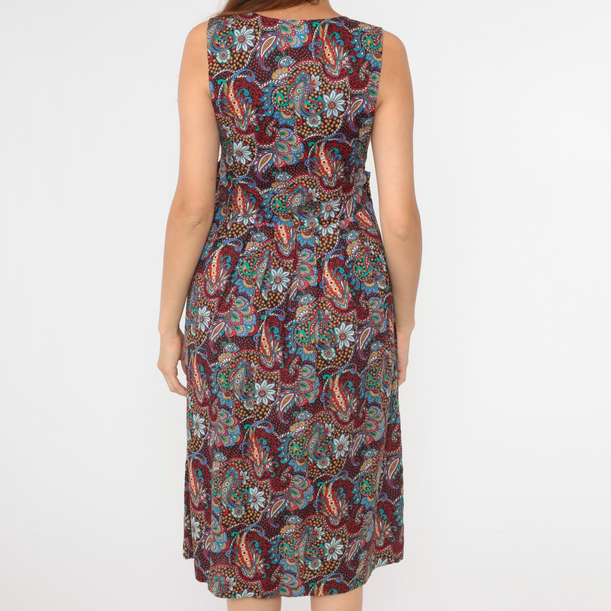 80s Paisley Cotton Midi Pinafore Dress Deep V Neck High Waist Small