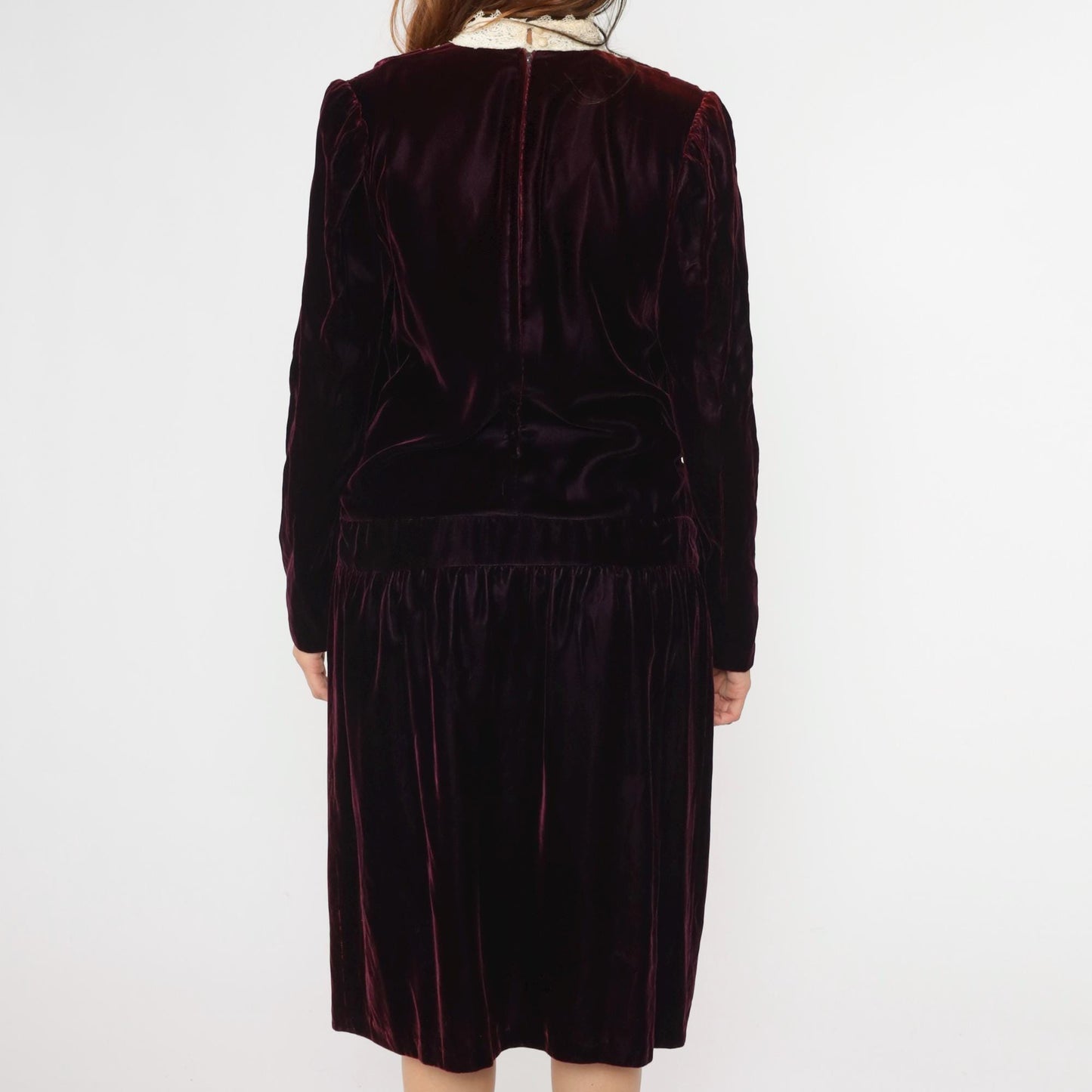 80s Jessica McClintock Purple Velvet Midi Dress Cream Lace High Neck Medium