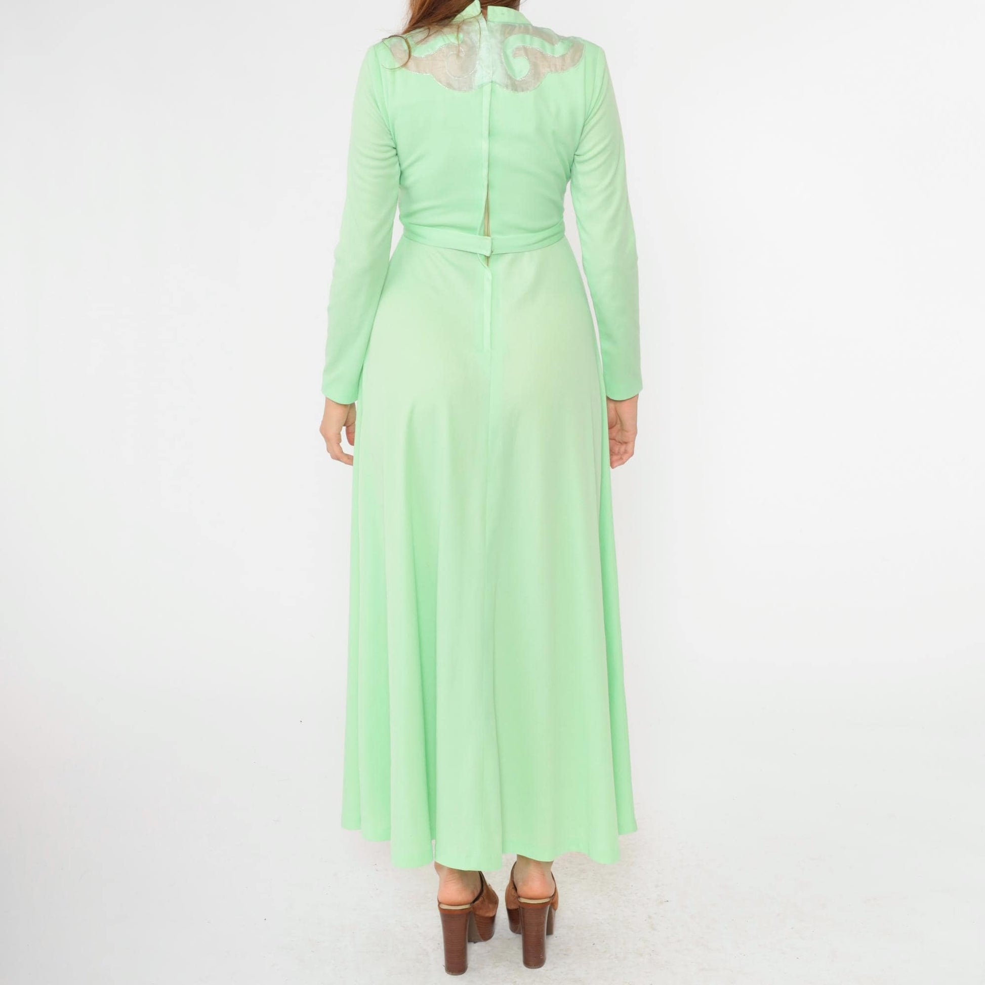 70s Mint Green Maxi Dress Embroidered Mesh Yoke Rhinestone Buckle Small