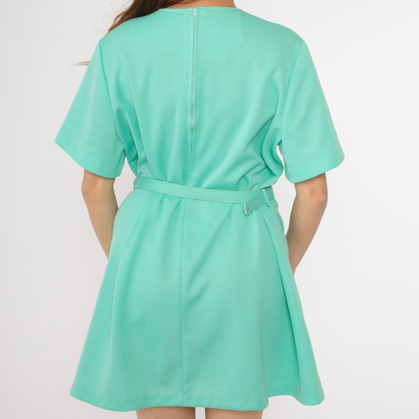 1970s Mint Green Shift Mini Dress Short Sleeve Belt XXL
