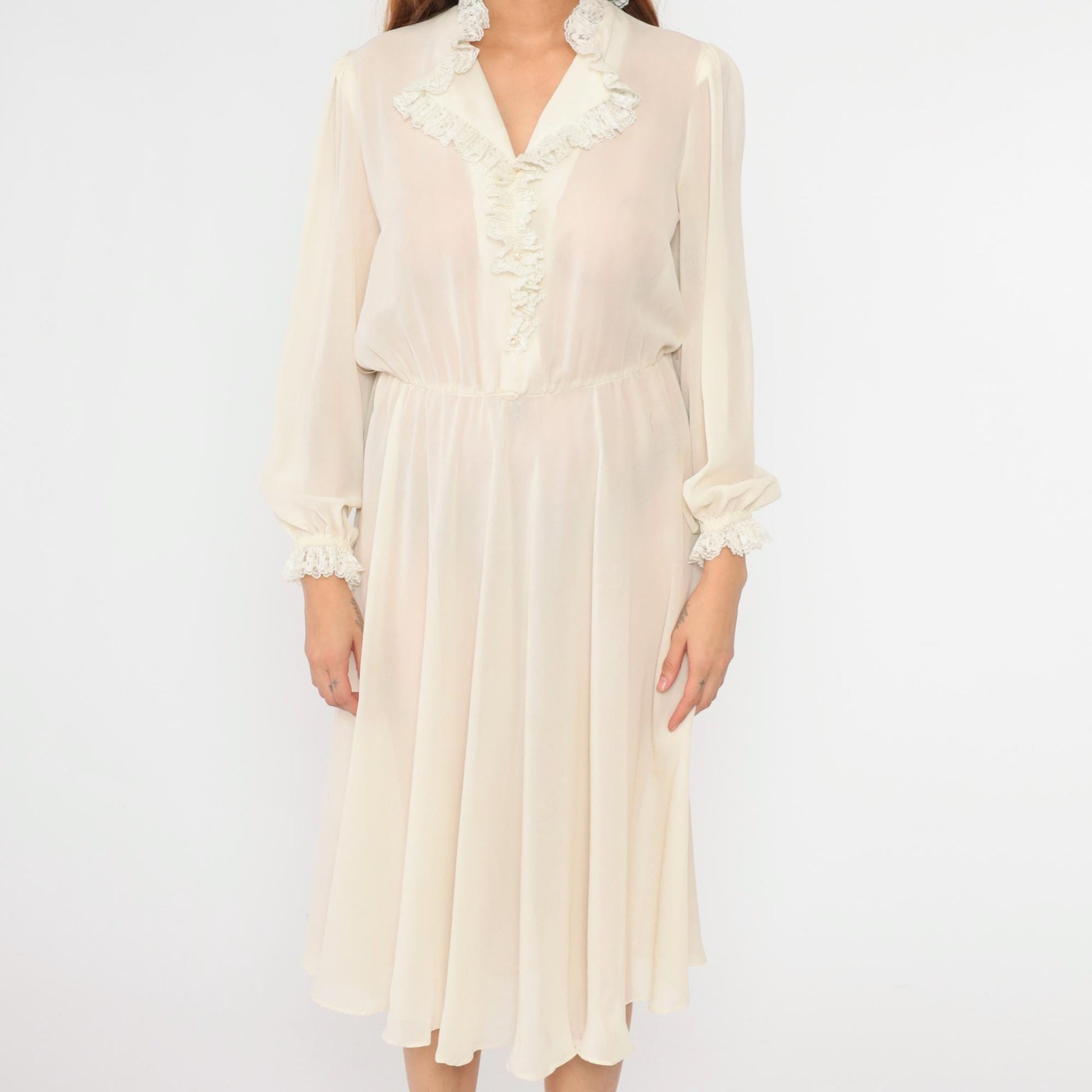 70s White Sheer Midi Dress Pearl Buttons Puff Sleeves High Waist Medium Large