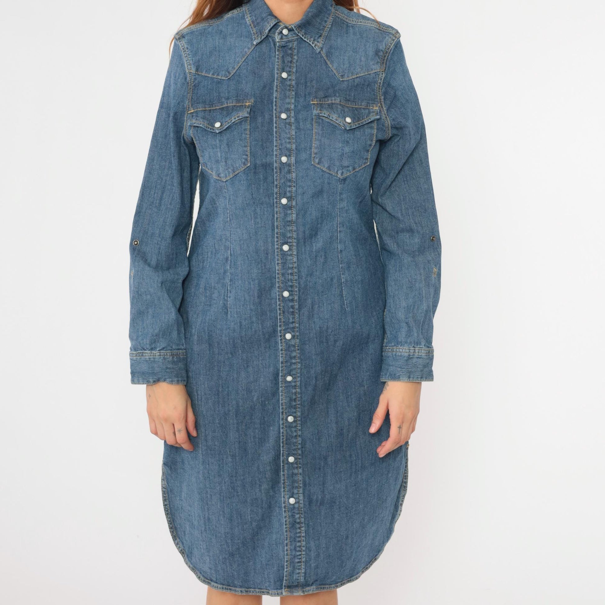 00s Reba Denim Midi Dress Pearl Snap Button-Up Sheath Blue Cotton Medium