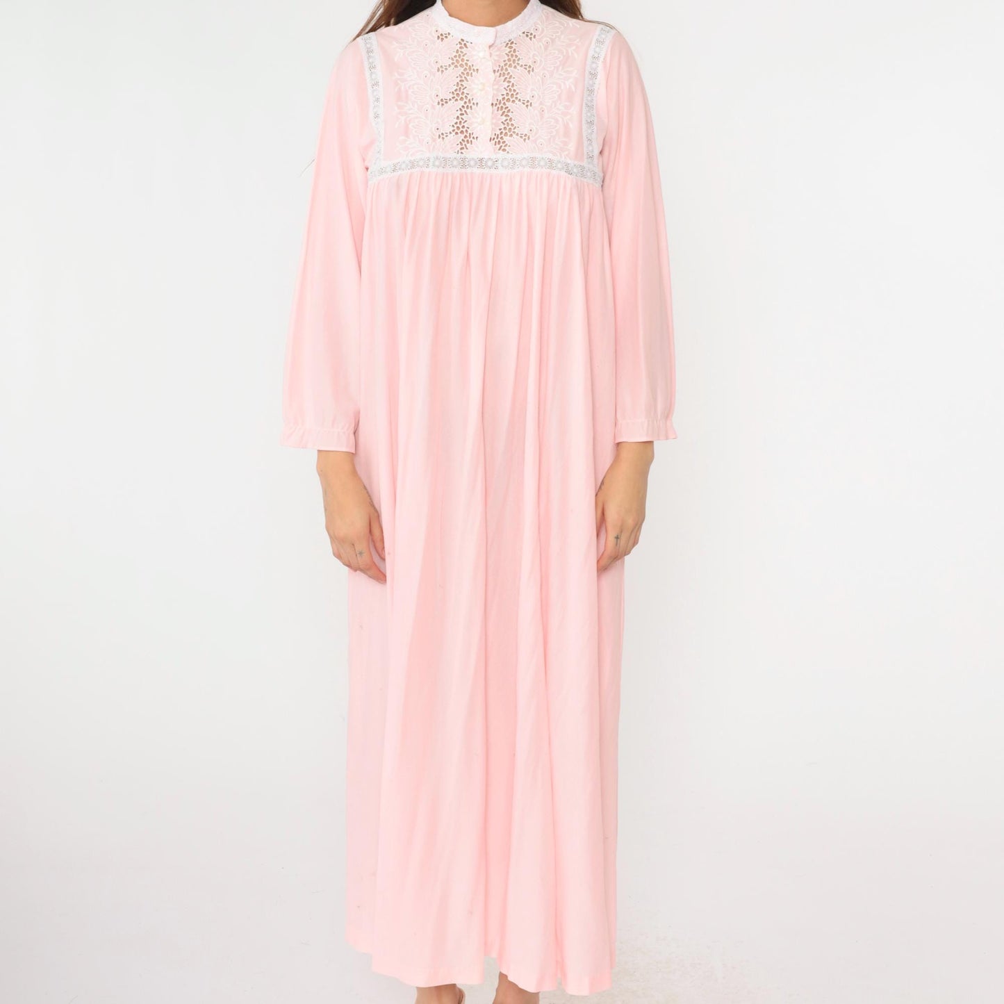 80s Baby Pink Floral Embroidered Lace Cutwork Maxi Nightgown Long Sleeve Large L