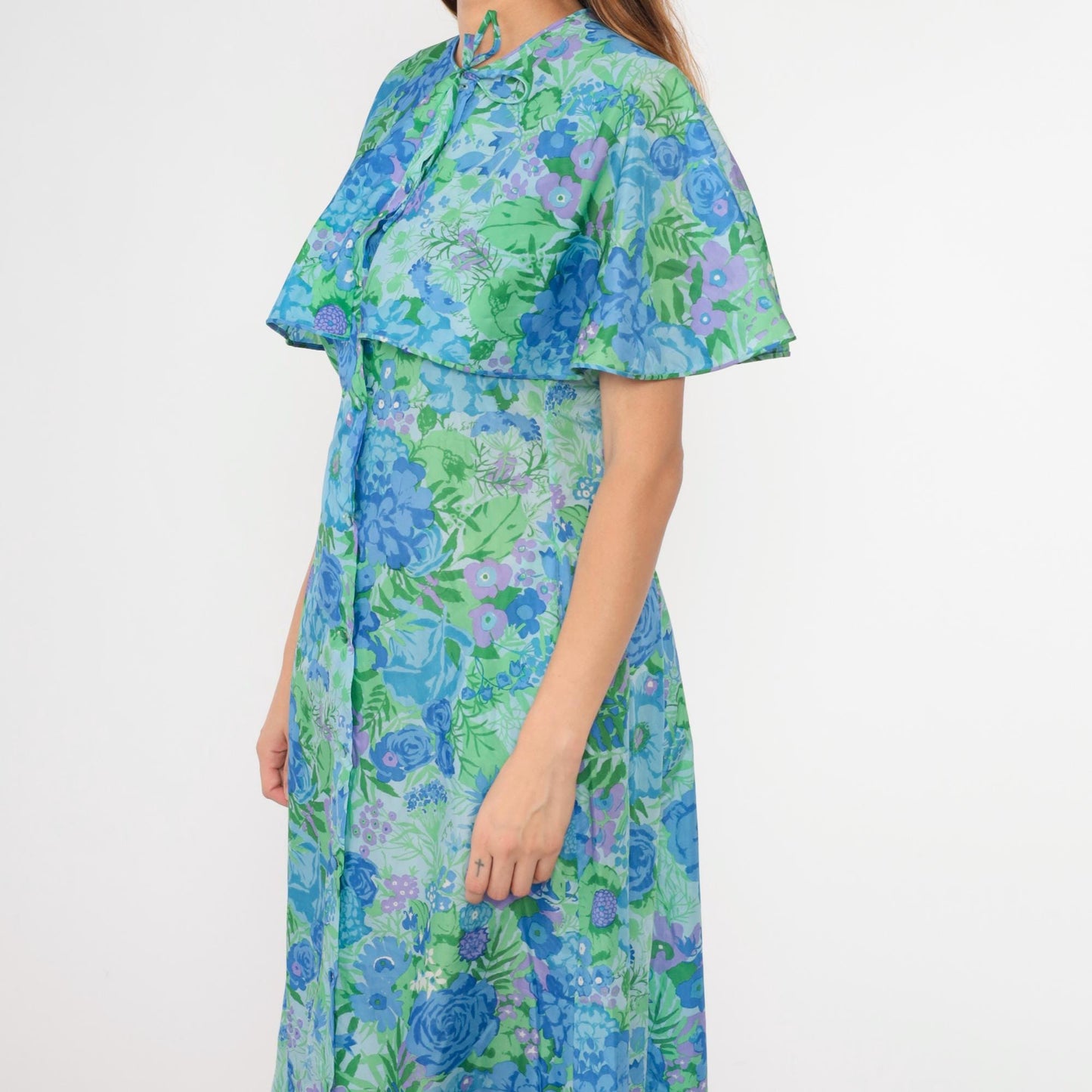 70s Lord & Taylor Floral Maxi Dress Blue Green Capelet Button Front Small