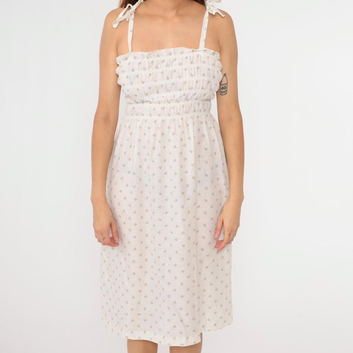 70s Floral Calico Sundress White Smocked Spaghetti Strap Midi Small