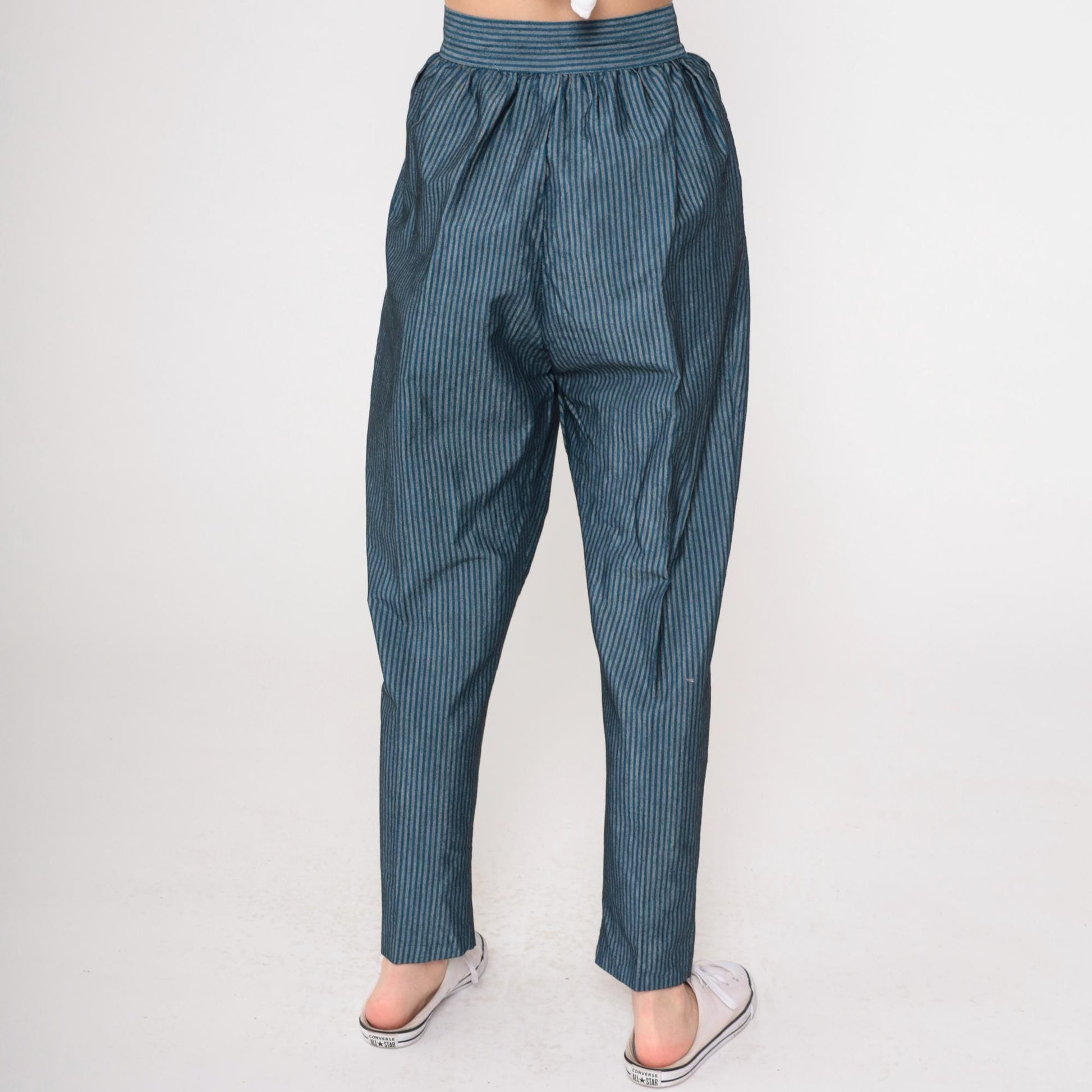 80s Parachute Pants Blue Grey Pinstripe High Waist Pleated Tapered Small