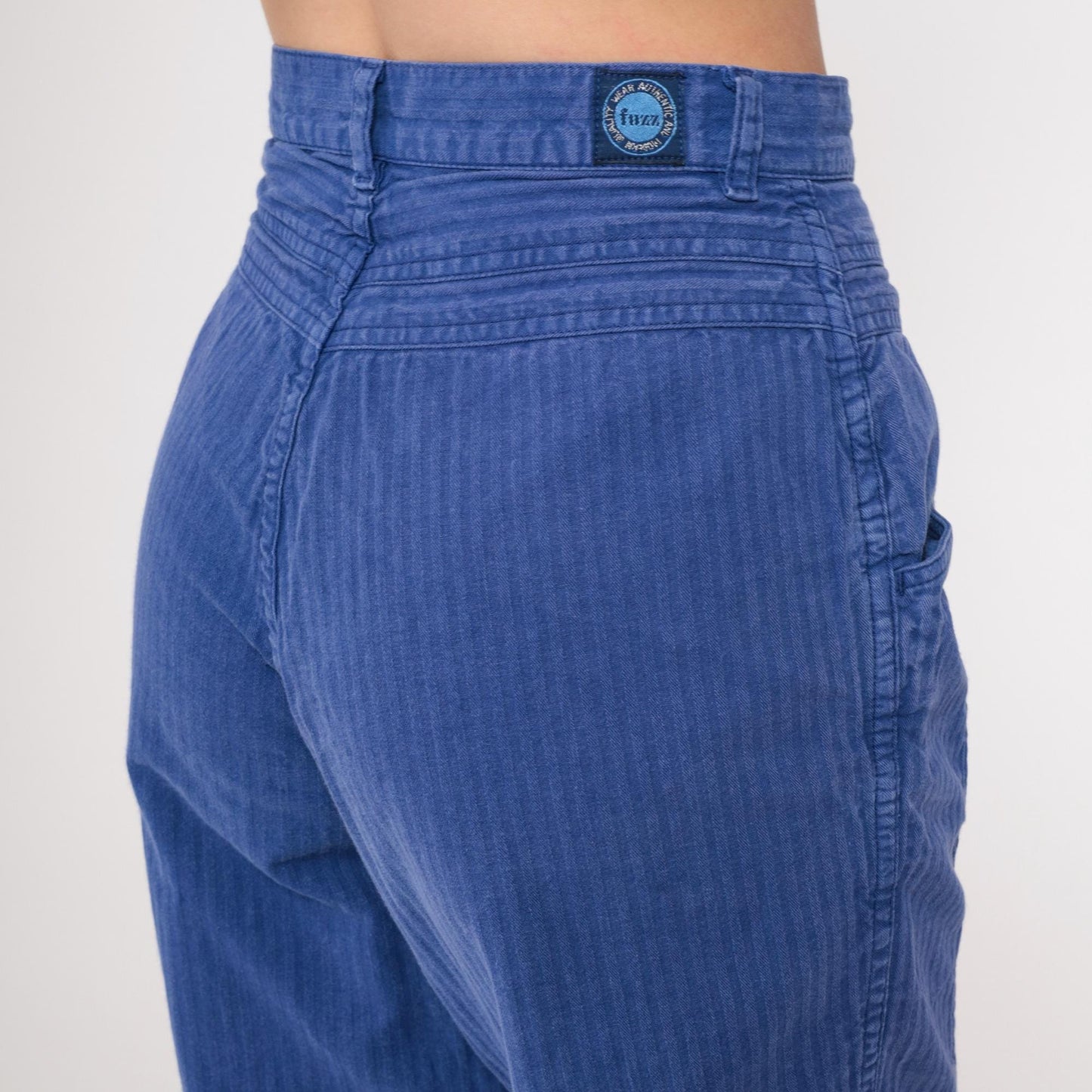 90s Blue Pinstriped High-Waist Tapered Pants Cotton Small