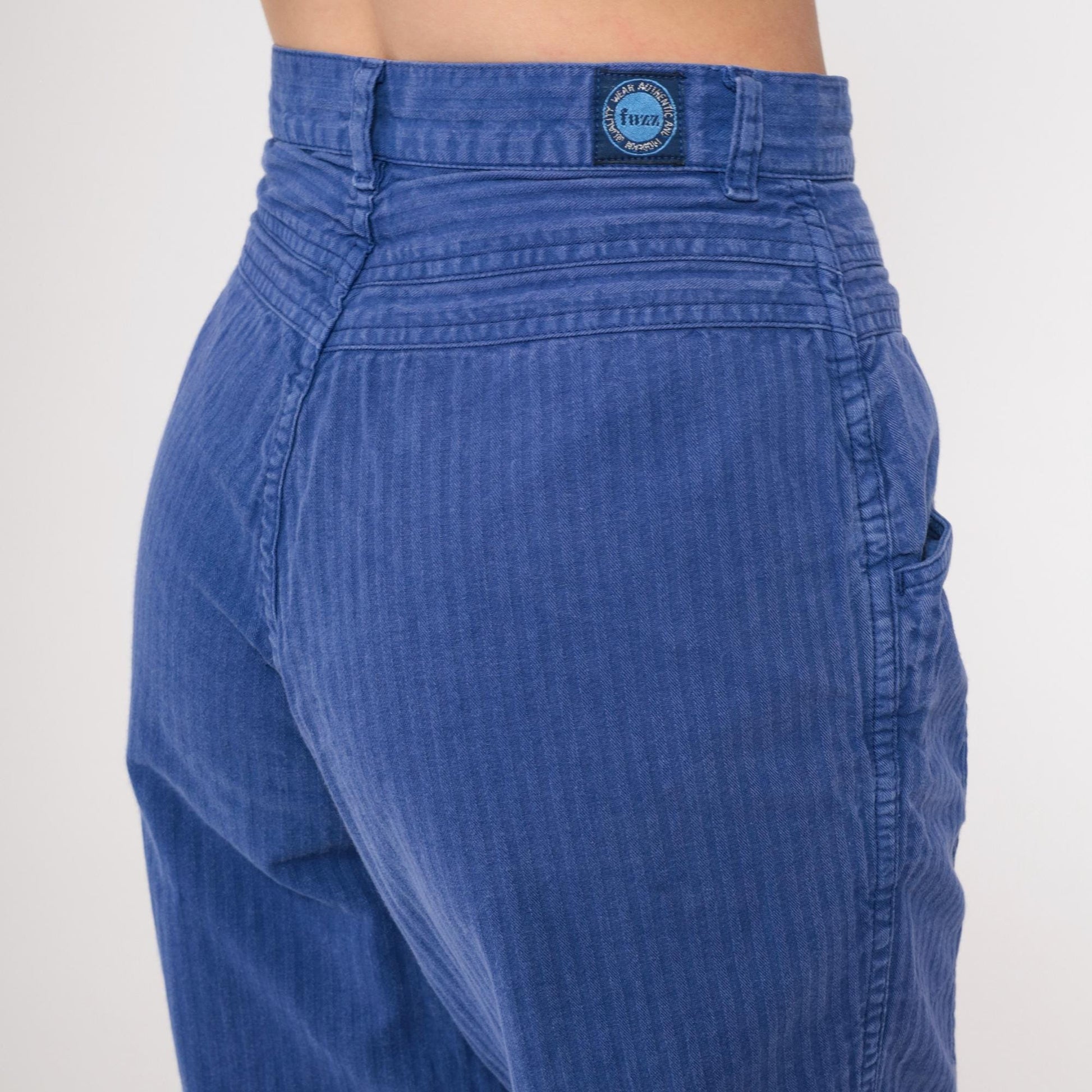 90s Blue Pinstriped High-Waist Tapered Pants Cotton Small