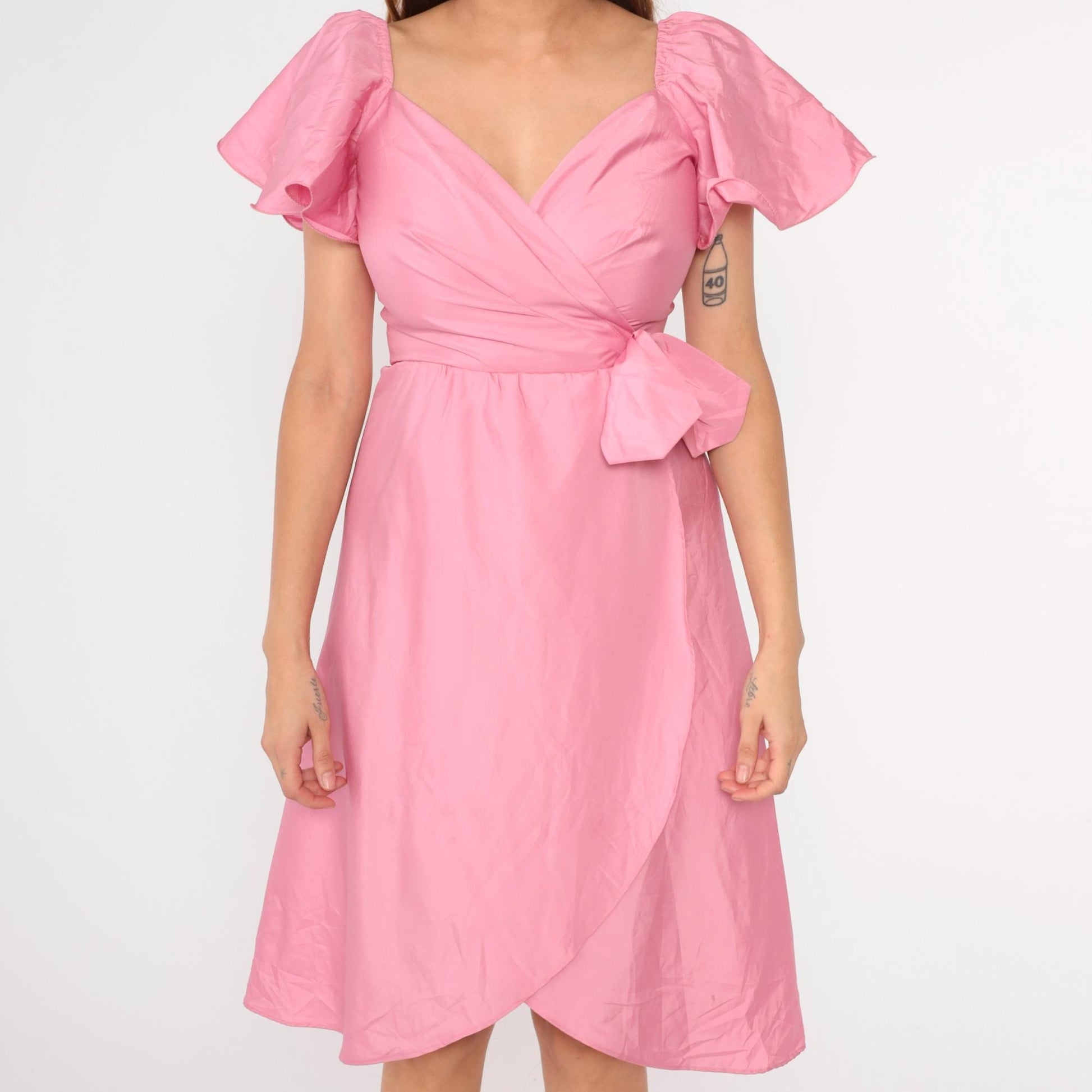 80s Pink Midi Prom Dress Flutter Sleeve V-Neck High Waist Bow Tulip Hem Small