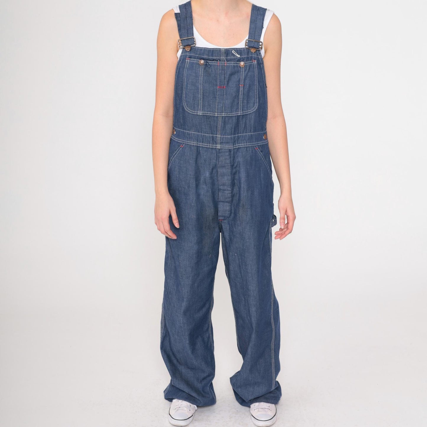 70s Dark Blue Denim Bib Overalls Wide Leg Long Dungarees Small S