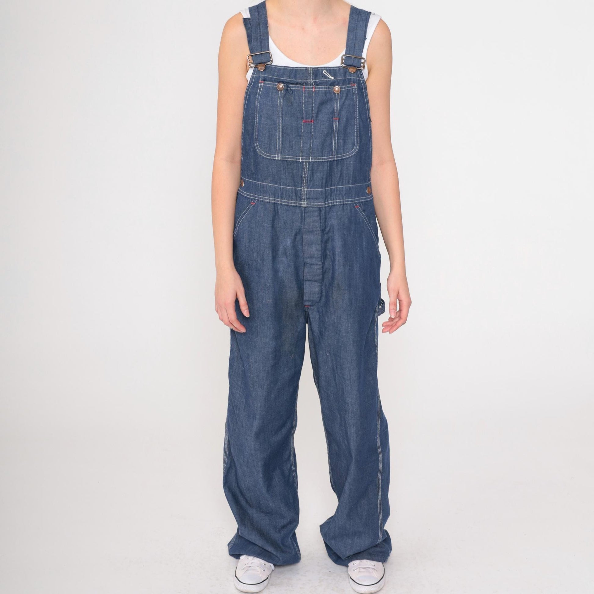 70s Dark Blue Denim Bib Overalls Wide Leg Long Dungarees Small S