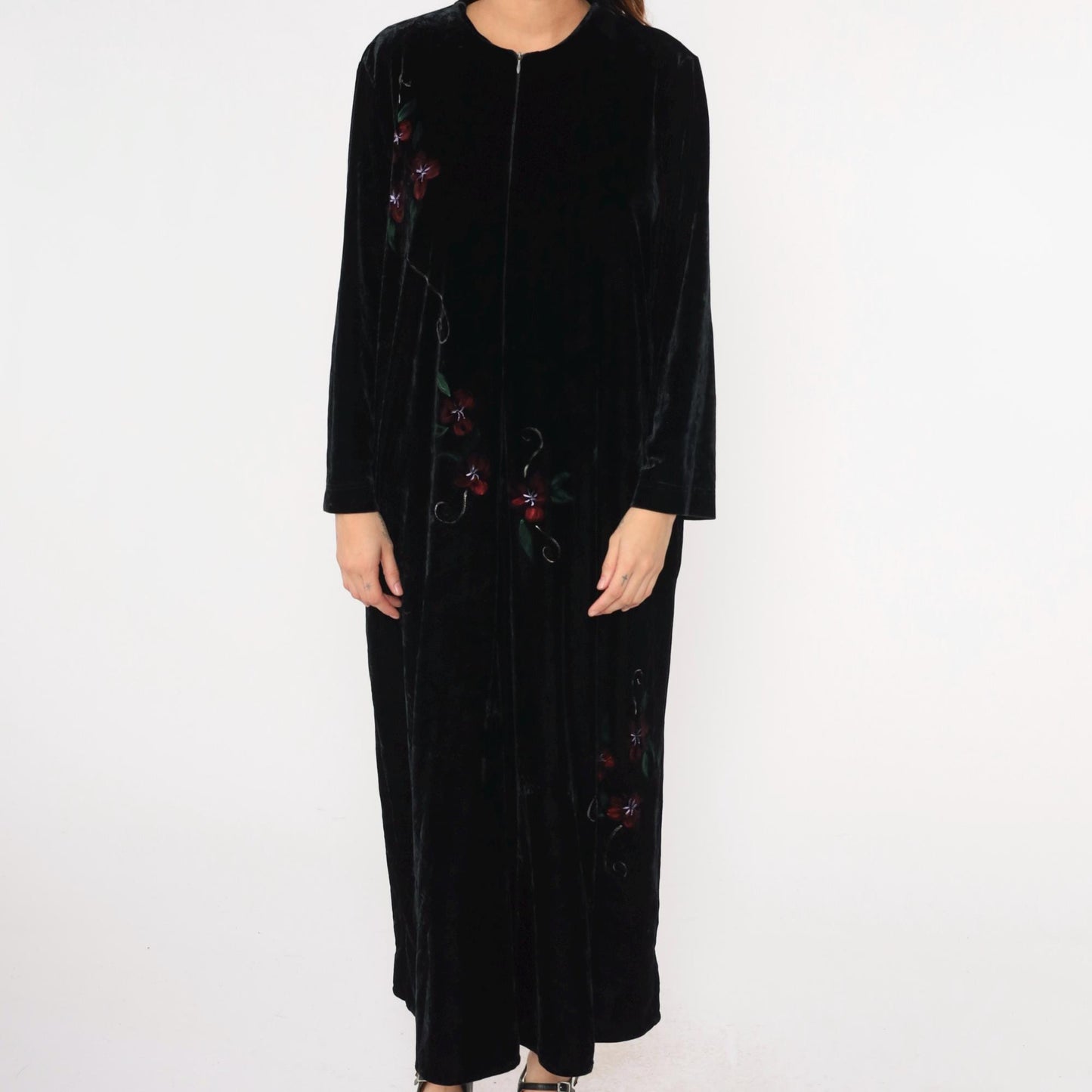80s Exquisite by Judith Lebkoff Velour Maxi Lounge Dress Black Floral Hand Painted Large