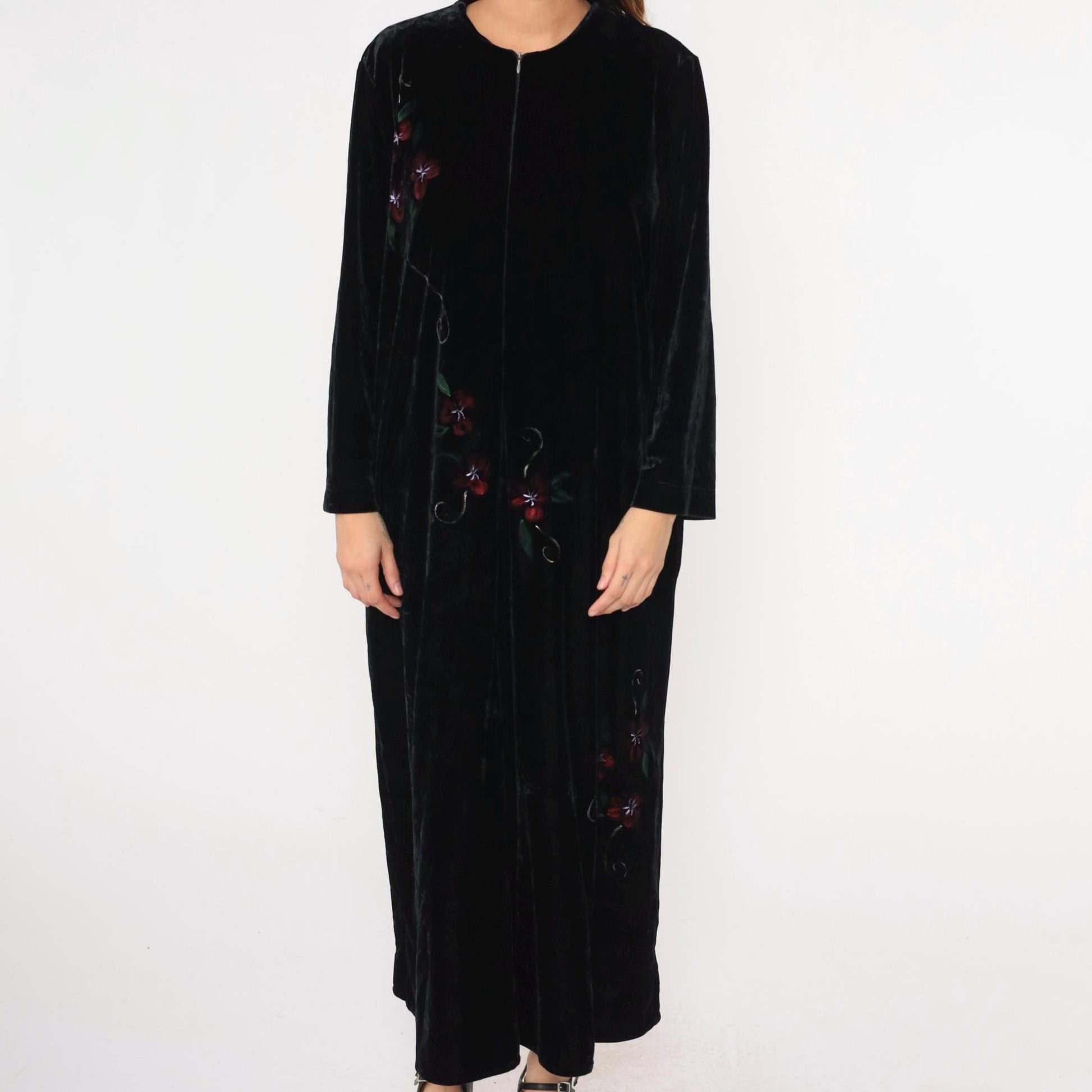80s Exquisite by Judith Lebkoff Velour Maxi Lounge Dress Black Floral Hand Painted Large