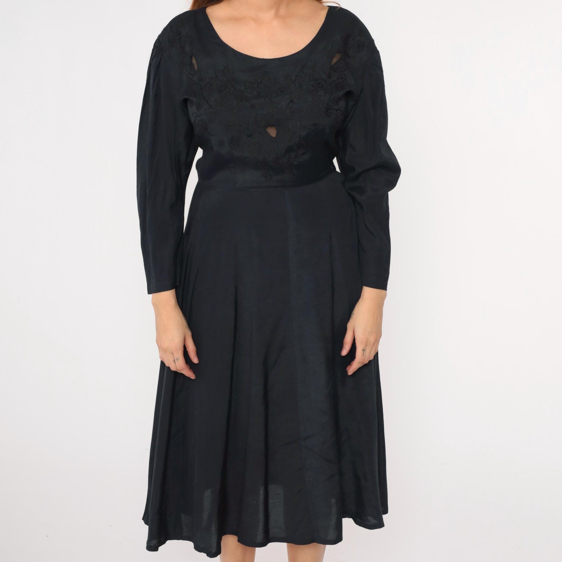 90s Black Floral Embroidery Midi Dress Mesh Cutout Puff Sleeve Small