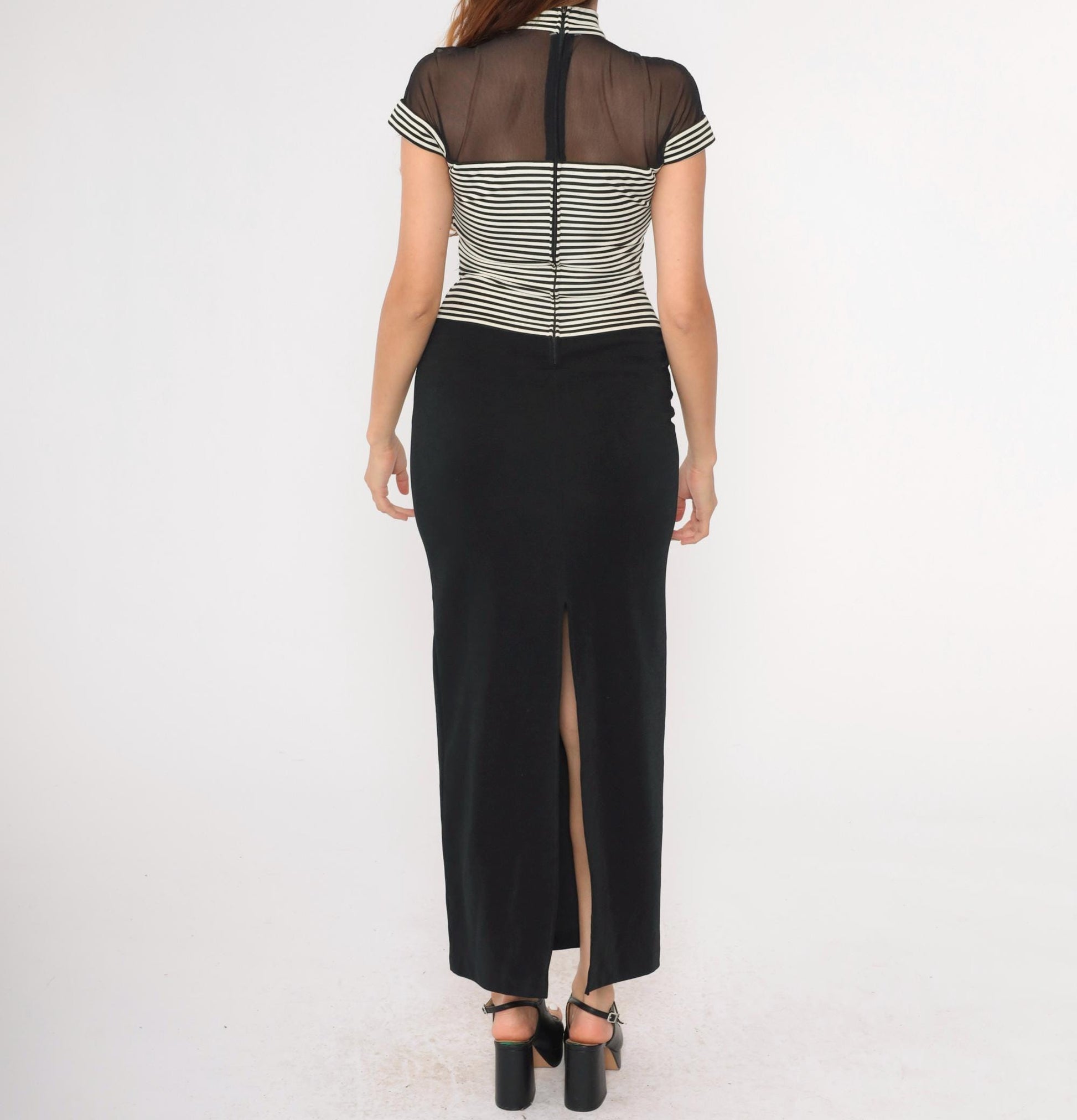 90s Susan Rosalli Bodycon Maxi Dress Black White Striped Mesh Mock Neck Small 4