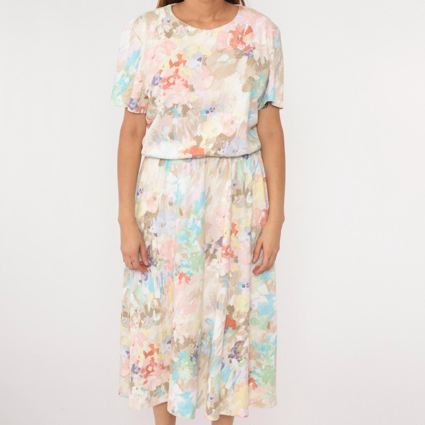 80s Watercolor Floral Midi Dress High Waist Blouson Pink Brown Blue Large