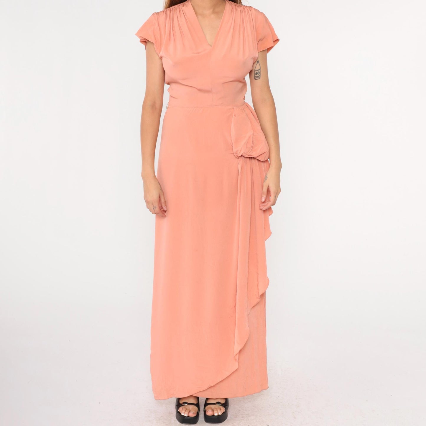 1940s Peach Pink Flutter Sleeve Maxi Gown Metal Side Zip Small