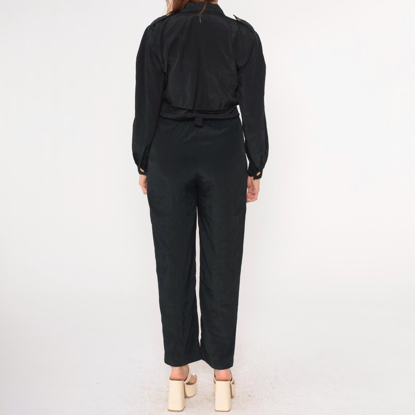 90s Black Jumpsuit V-Neck Wrap High Waisted Straight Leg Long Sleeve Small