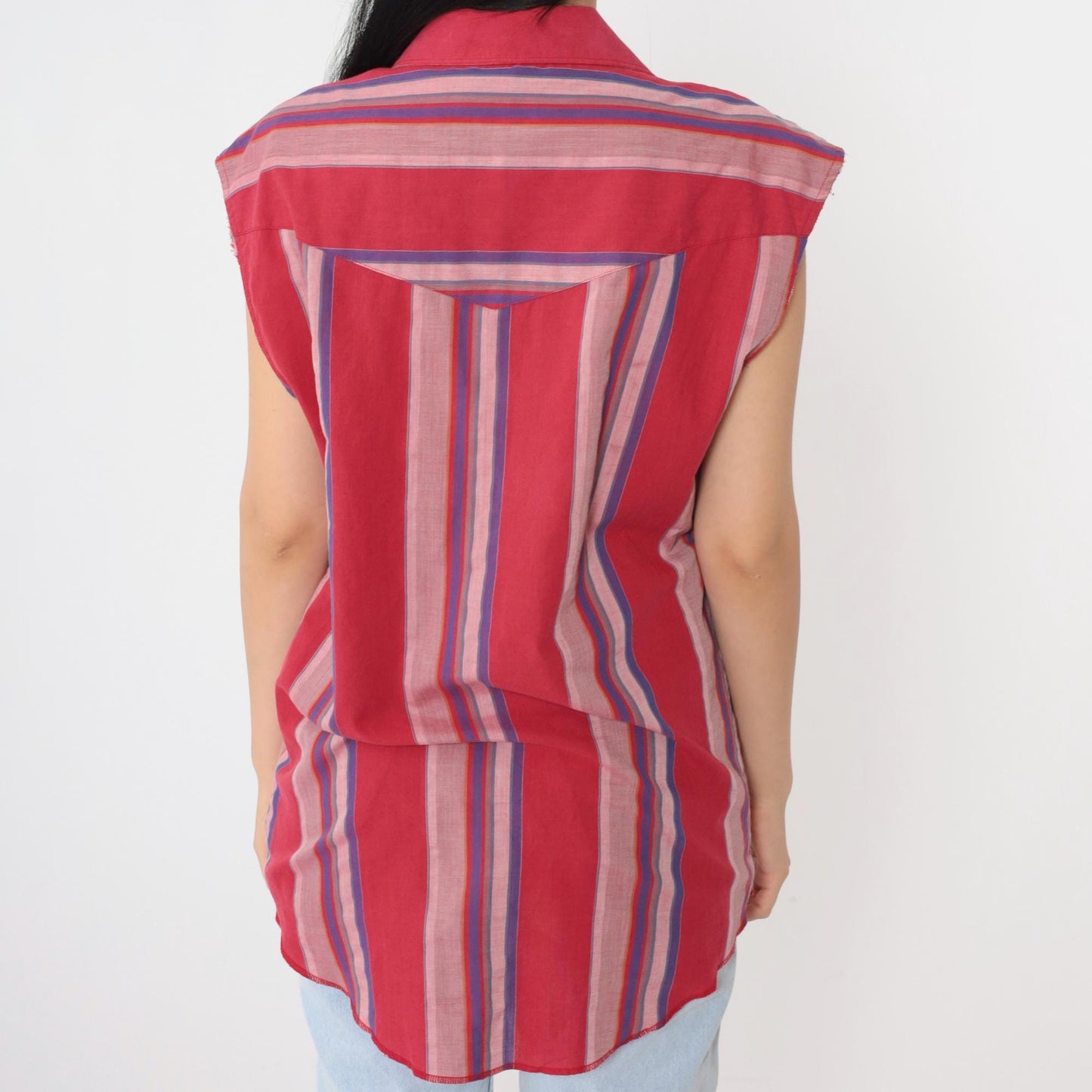 90s Wrangler Western Sleeveless Shirt Cherry Red Striped Pearl Snap Men's Medium