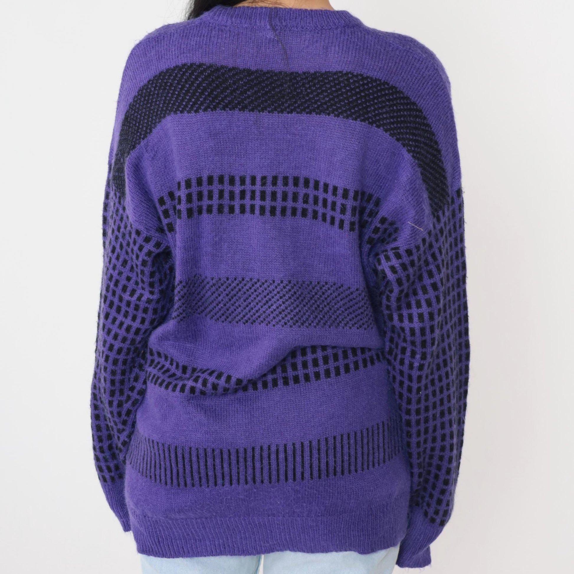 80s Purple Striped Wool Blend Crewneck Pullover Sweater Grid Print Medium