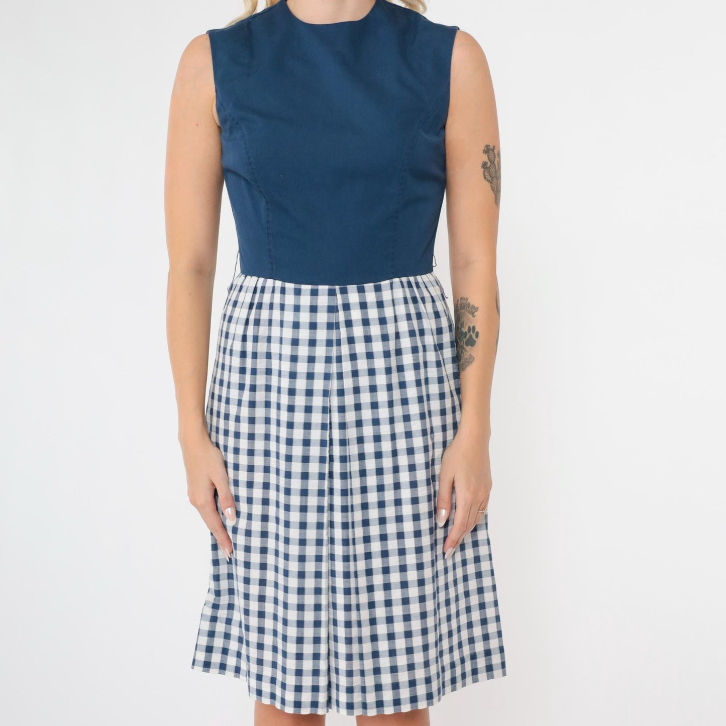1960s Gingham Mini Dress Dark Blue High Waist Sleeveless Pleated Extra Small