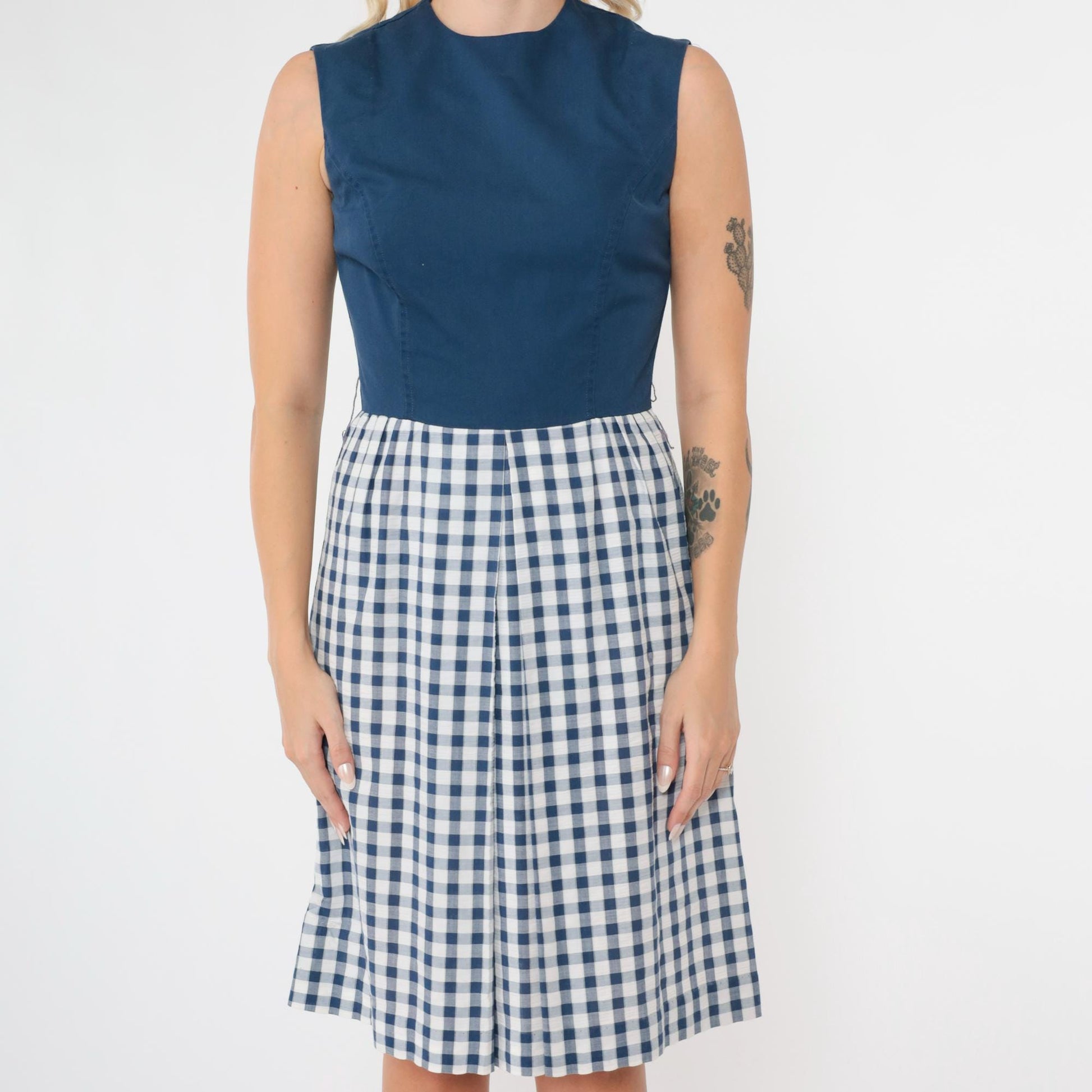 1960s Gingham Mini Dress Dark Blue High Waist Sleeveless Pleated Extra Small