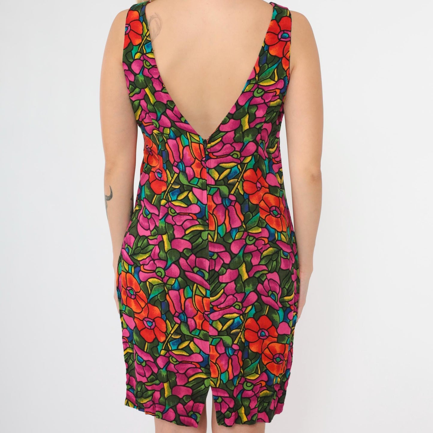 90s Floral Mini Dress V Back Sheath Red Magenta Rayon Sleeveless Medium 8