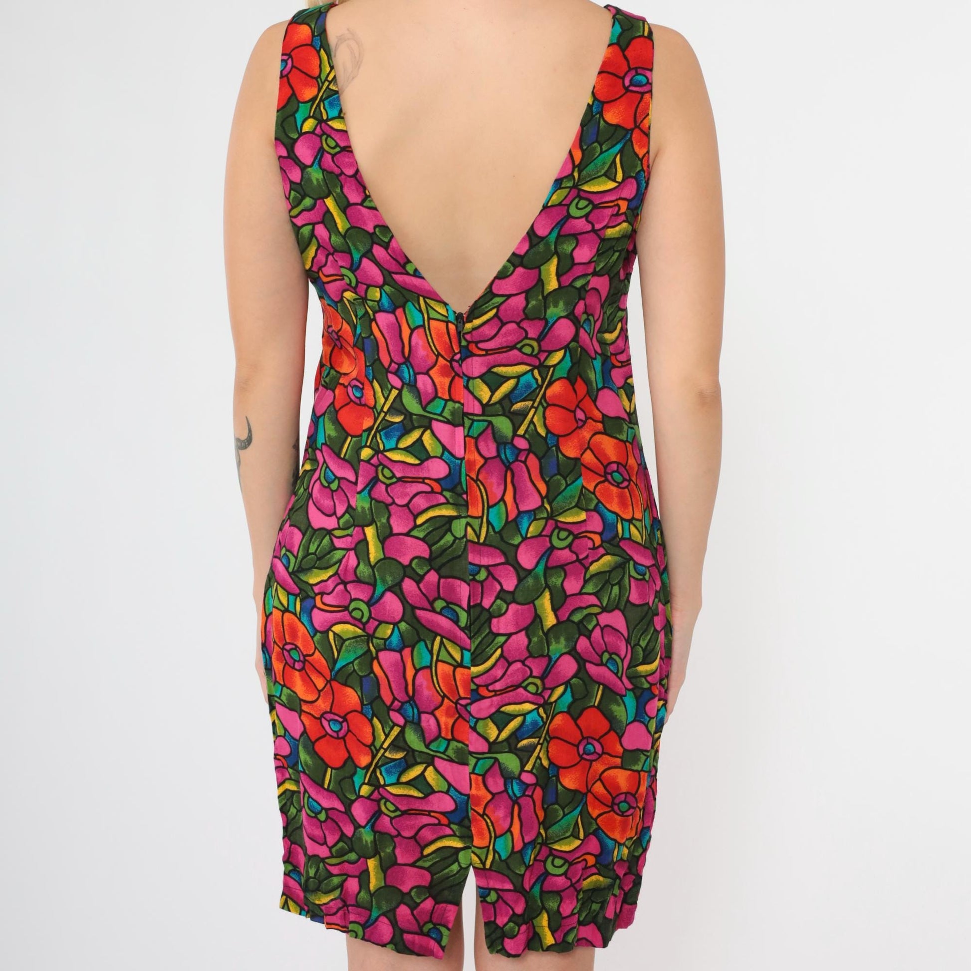 90s Floral Mini Dress V Back Sheath Red Magenta Rayon Sleeveless Medium 8