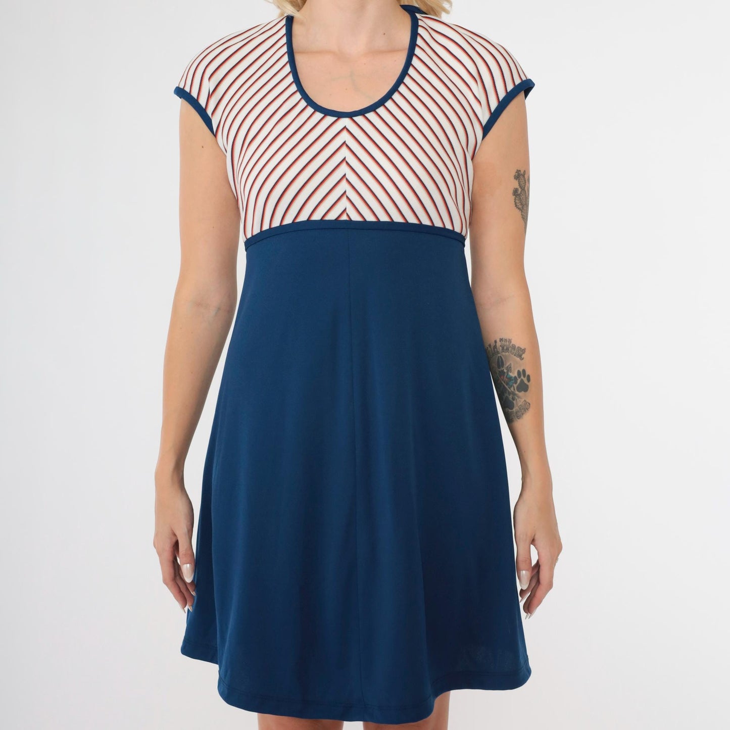 70s Sunshine Alley Striped Babydoll Mini Dress Empire Waist Navy White Small