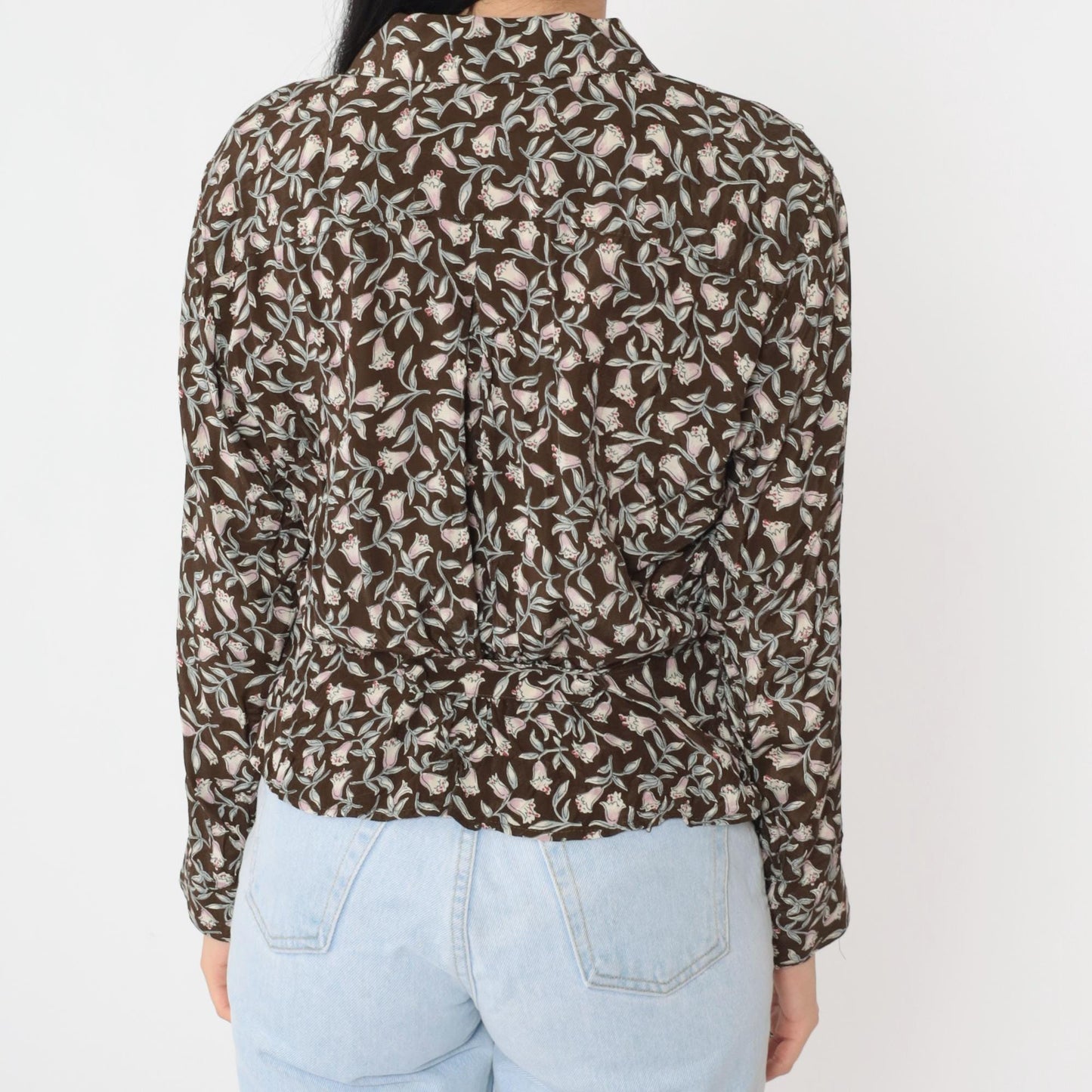 90s Carole Little Floral Button-Up Blouse Brown Peplum Petite Medium