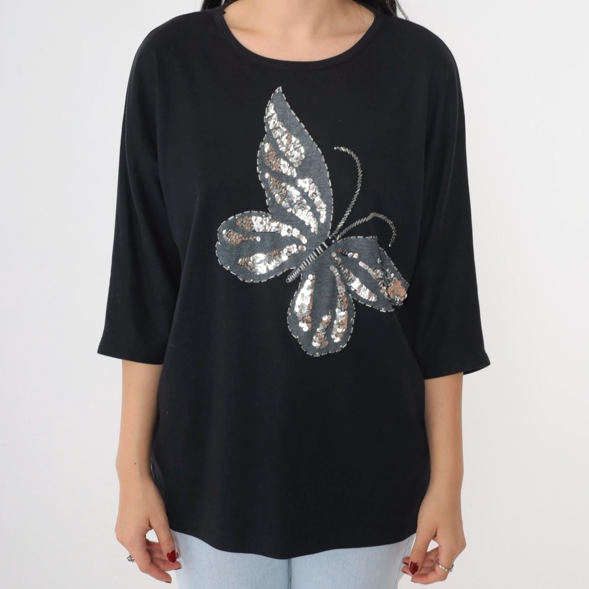 80s Sequin Butterfly T-Shirt Silver Beaded Graphic 3/4 Sleeve Medium