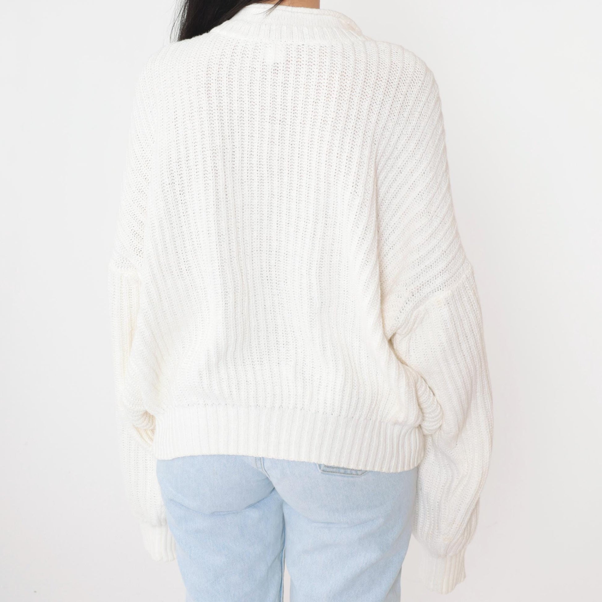 90s Structure White Ramie Cotton Roll Neck Sweater Ribbed Knit Large L