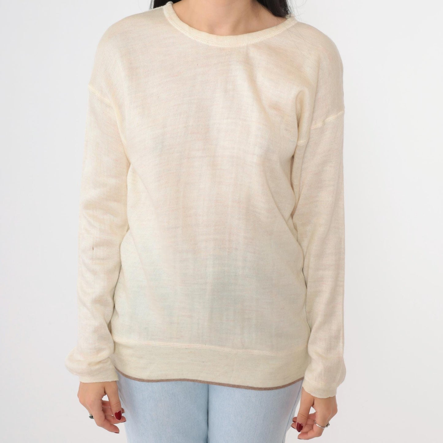 80s Space Man Wool Sweater Cream Crewneck Knit Medium