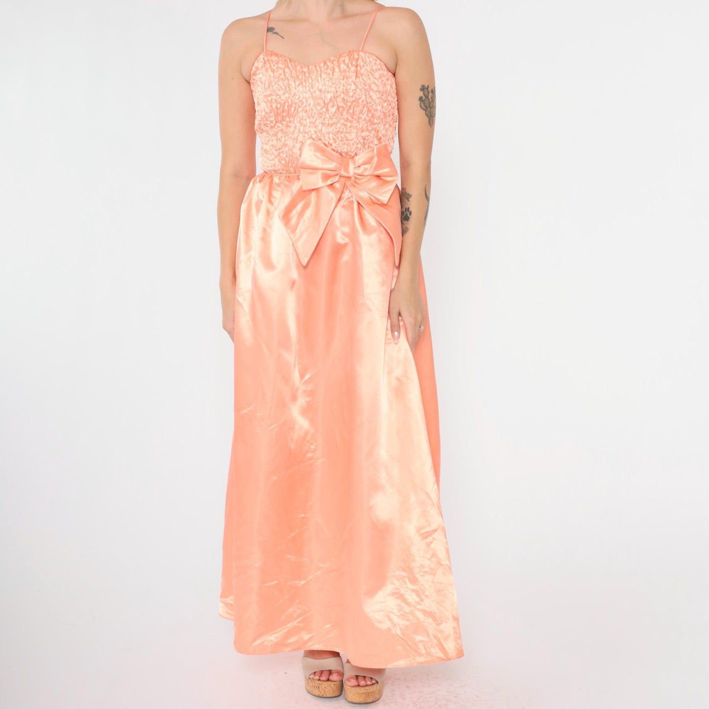 80s Peach Satin Maxi Gown Sweetheart Neckline Bow Waist Ruched XXS