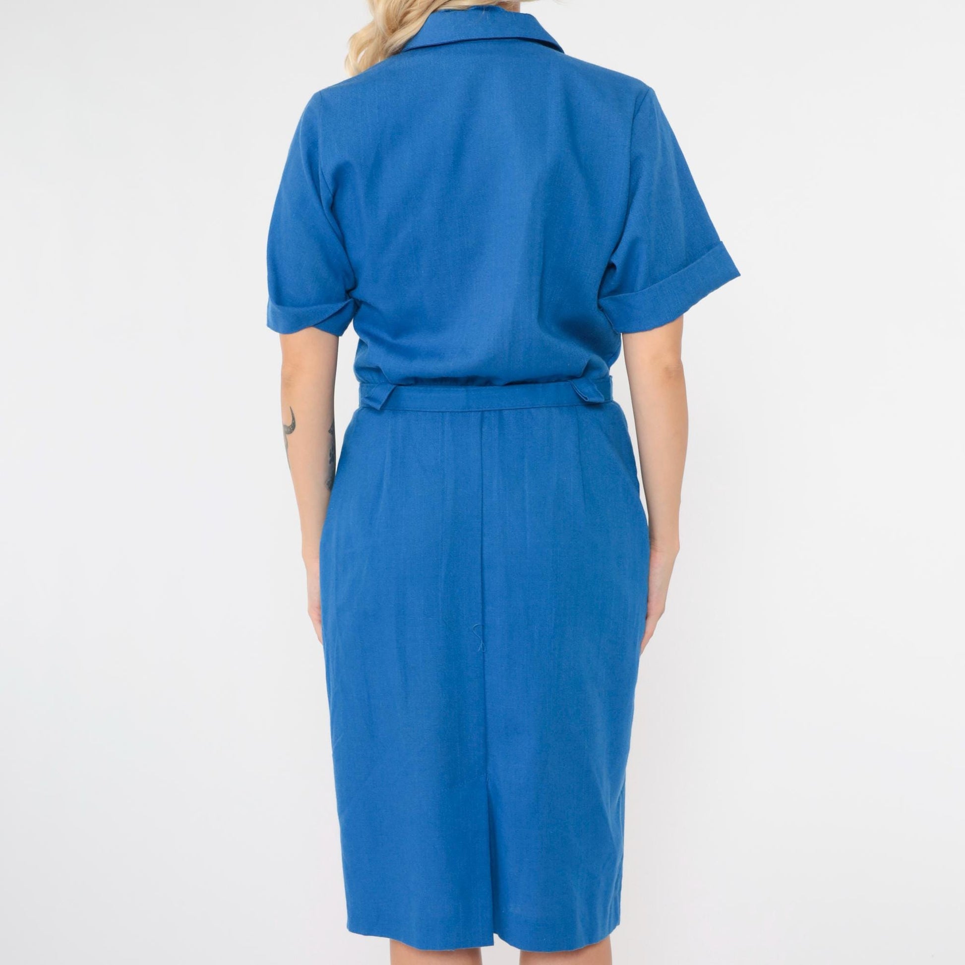 80s Blue Crest Embroidered Shirtdress Midi High Waist Belted Medium