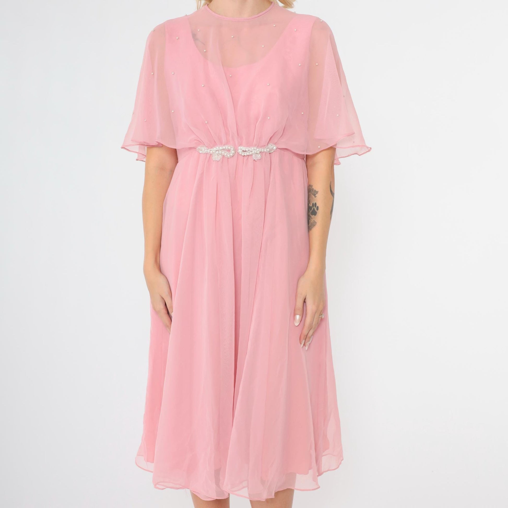 70s Pink Chiffon Midi Dress Pearl Beaded Capelet Flutter Sleeve Medium