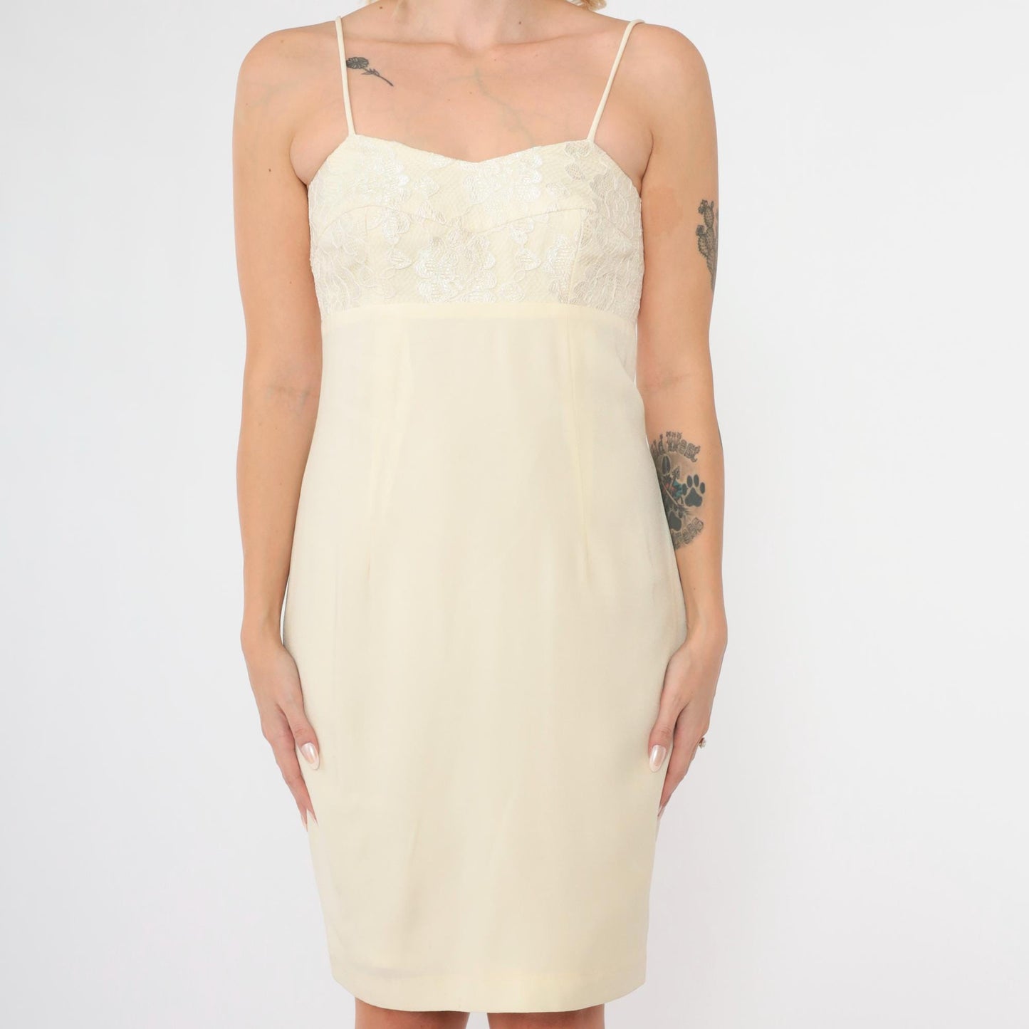 90s Cream Lace Mini Dress Spaghetti Strap Empire Waist Button Back Extra Small