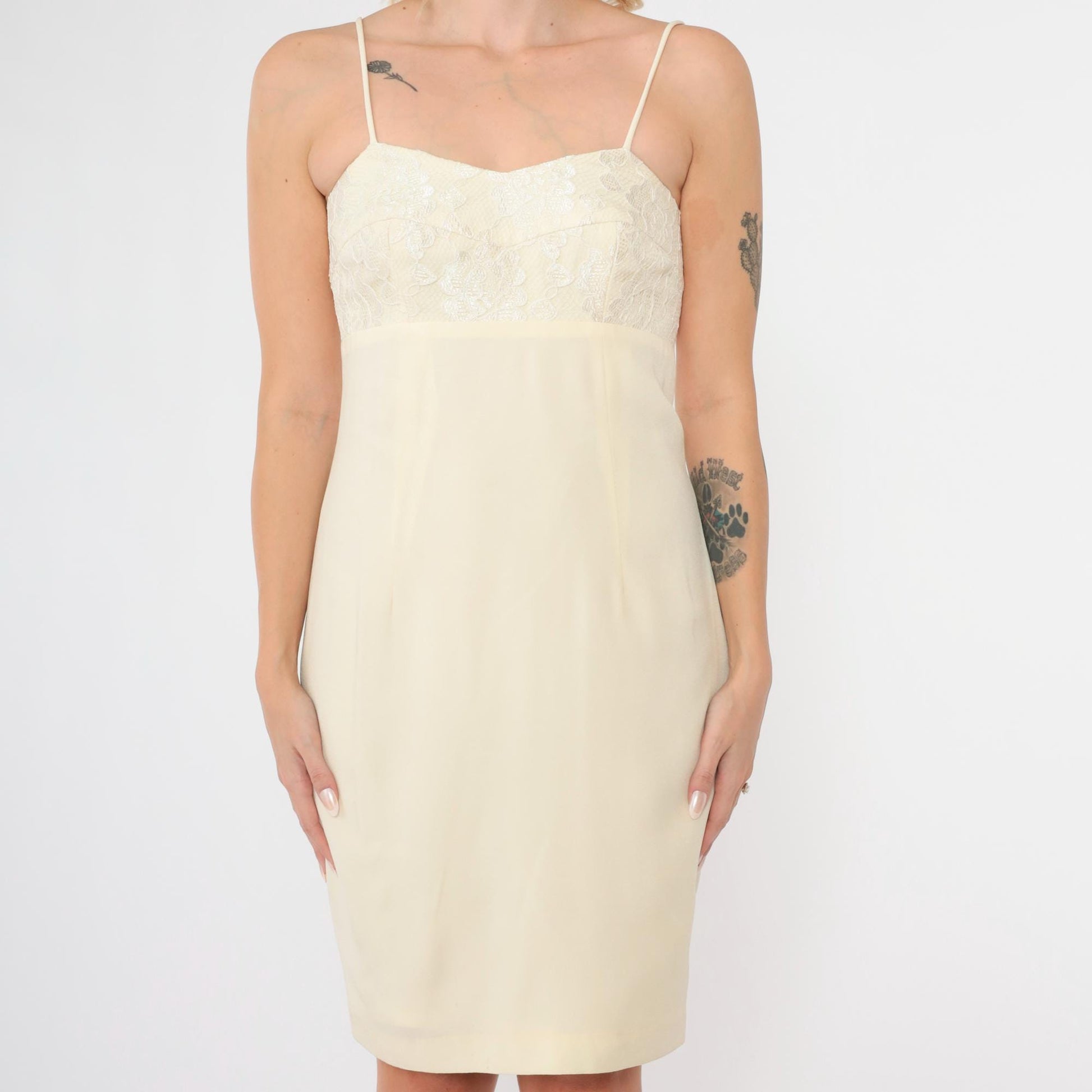 90s Cream Lace Mini Dress Spaghetti Strap Empire Waist Button Back Extra Small